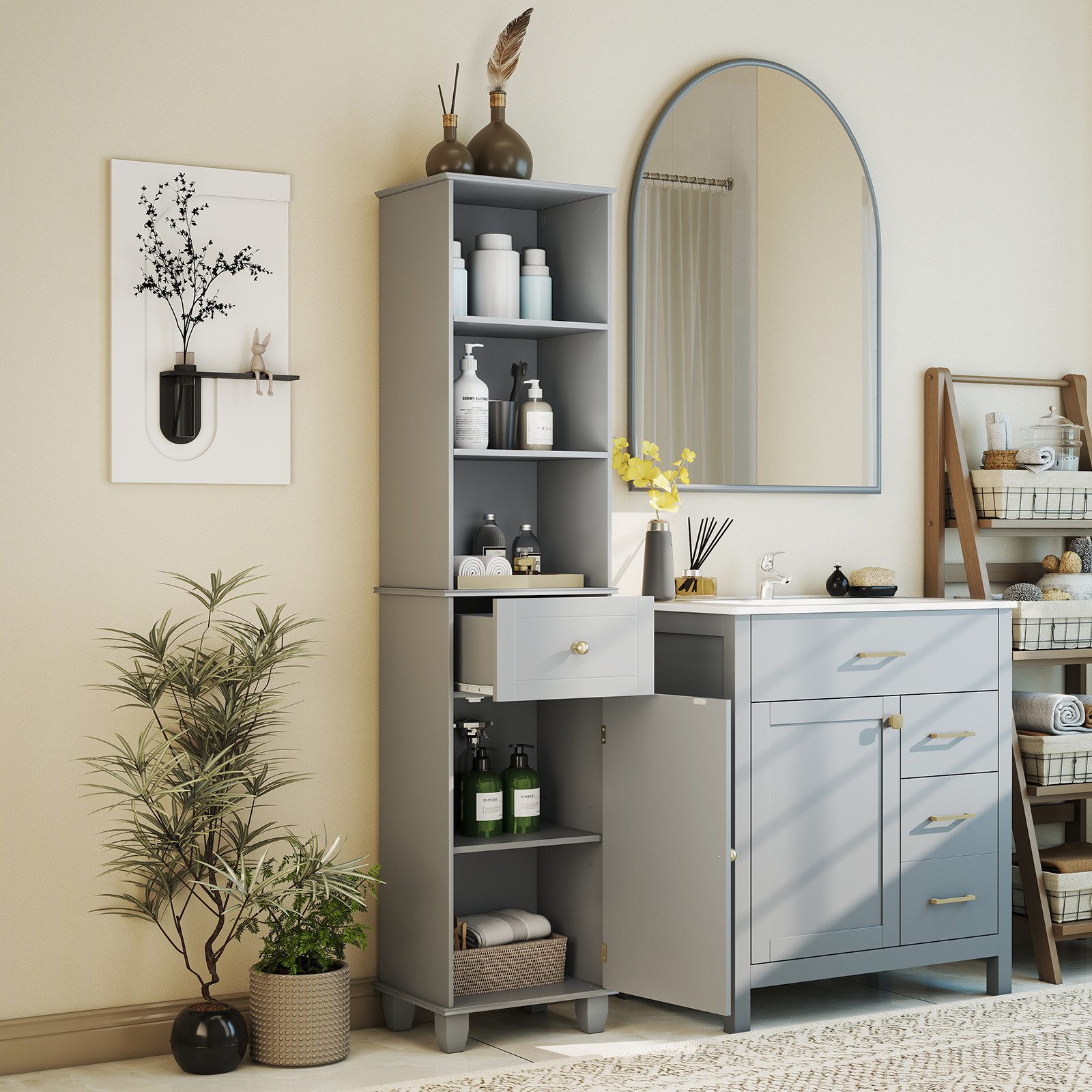 COSTWAY Badkommode, schmal Hochschrank Bad mit Schublade Holz 172cm