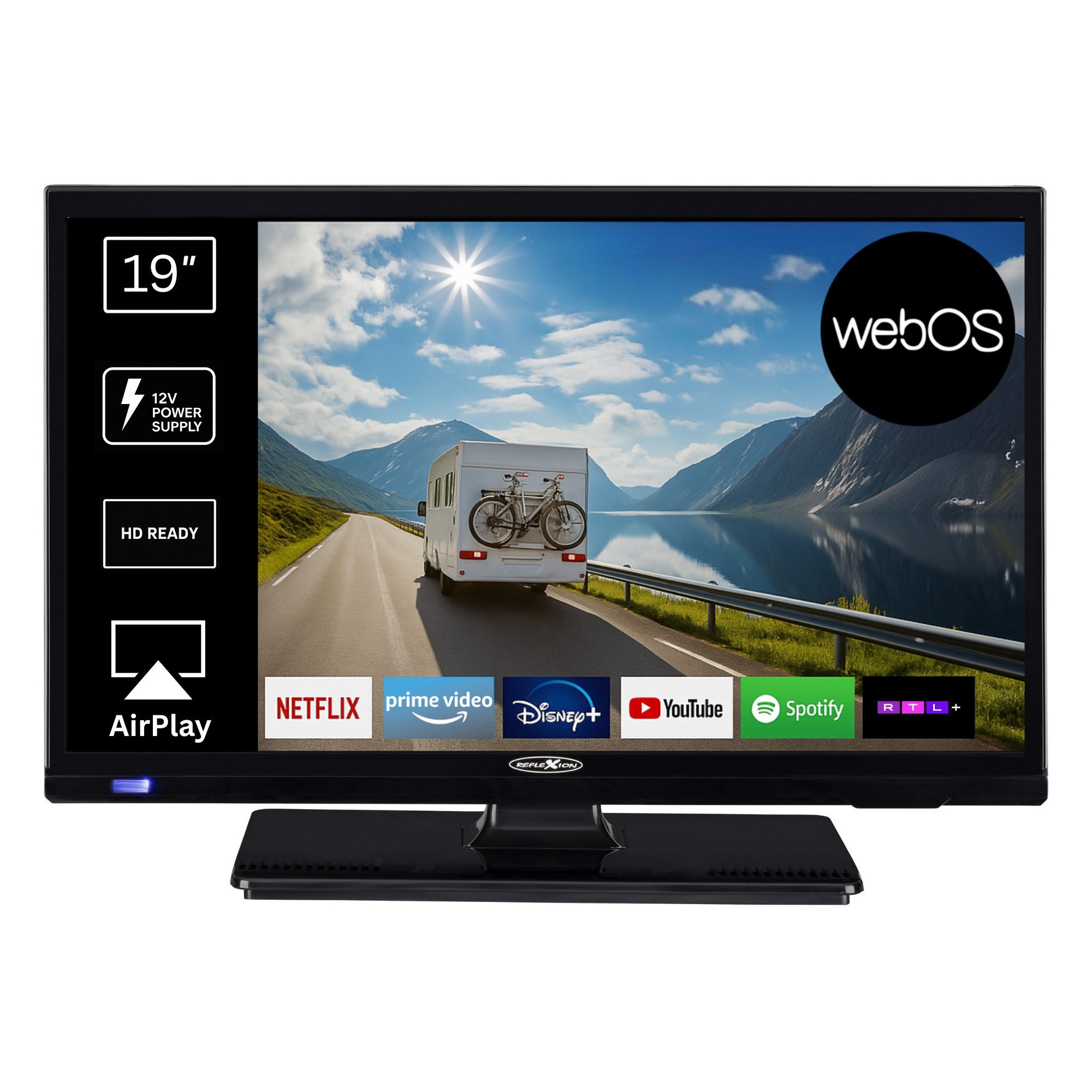 Reflexion LED19IBT LED-Fernseher (47 cm/19 Zoll, HD ready, Smart-TV, powered by webOS Hub (LG), DC IN 12 V, Netzteil 230 V, DVB-T2HD, DVB-S2, DVB-C, Bluetooth, WLAN)