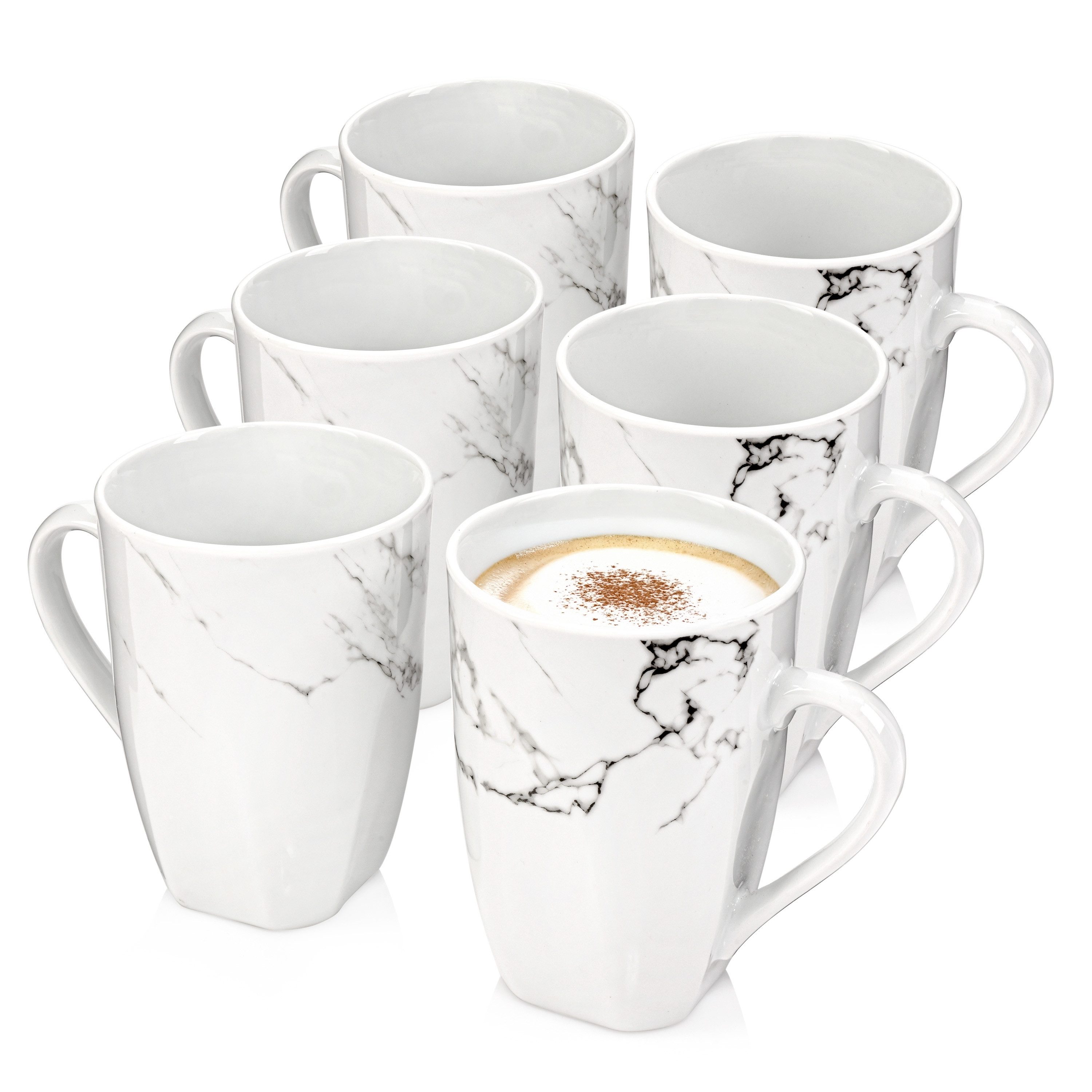 SÄNGER Becher Kaffeebecher Bilgola Marmor, 6-tlg., Porzellan, Weiß, ⌀8,5x10,5cm, 350ml, Erweiterbar, PREMIUM COLLECTION
