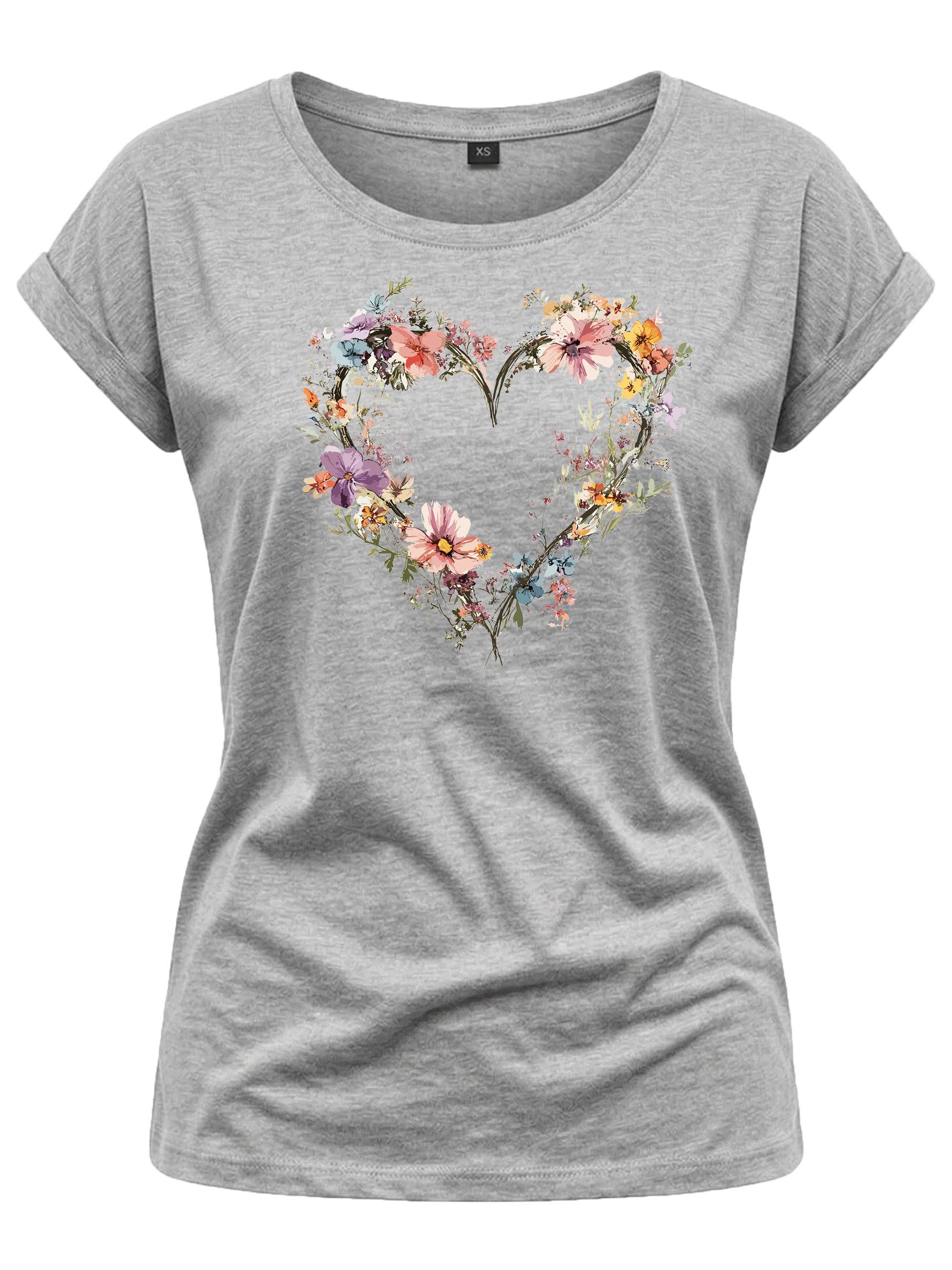 T-Shirt Blumenshirt für Damen – Herz-Motiv & Flower Design