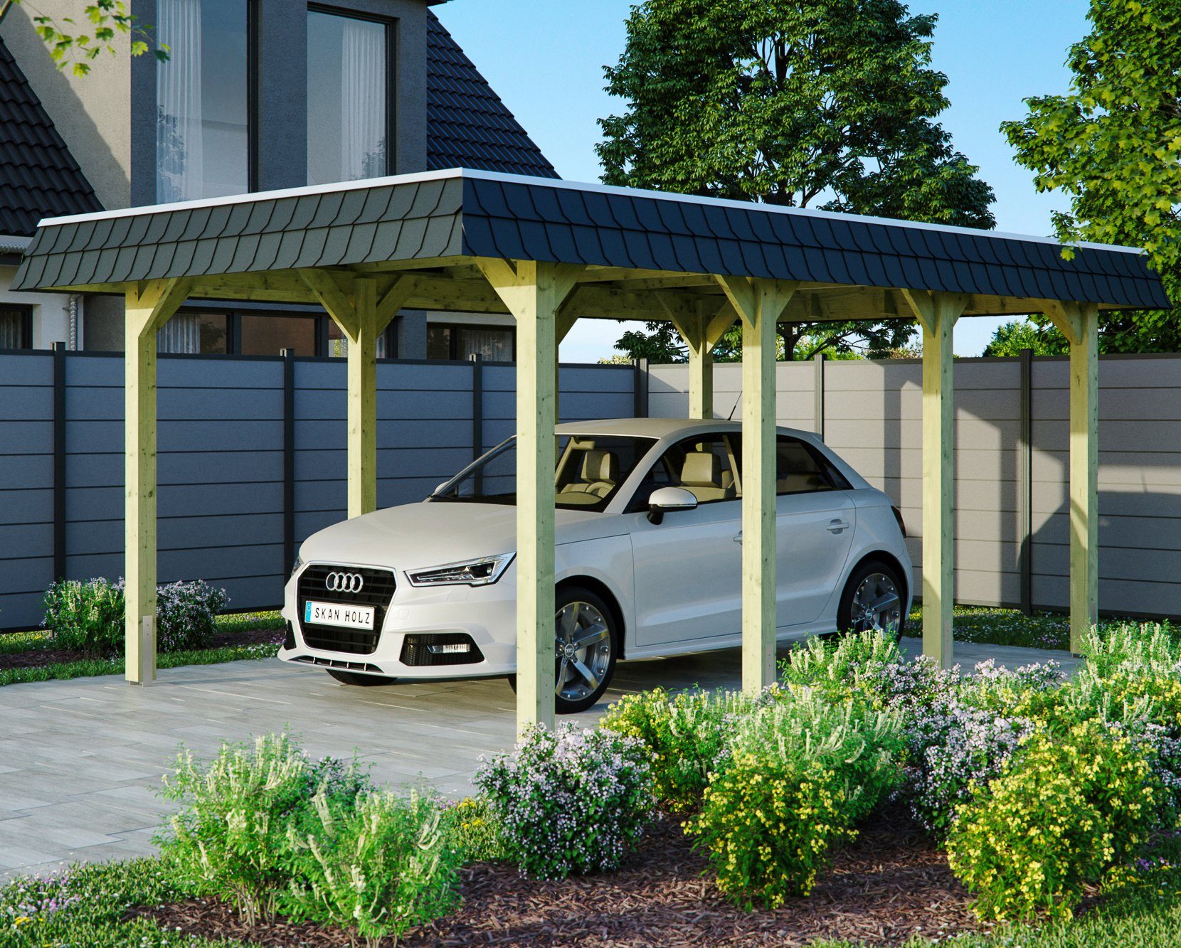 BxT: cm, cm Skanholz Einzelcarport 206 Spreewald, mit Flachdach-Carport Aluminium-Dachplatten 345x589 Einfahrtshöhe,