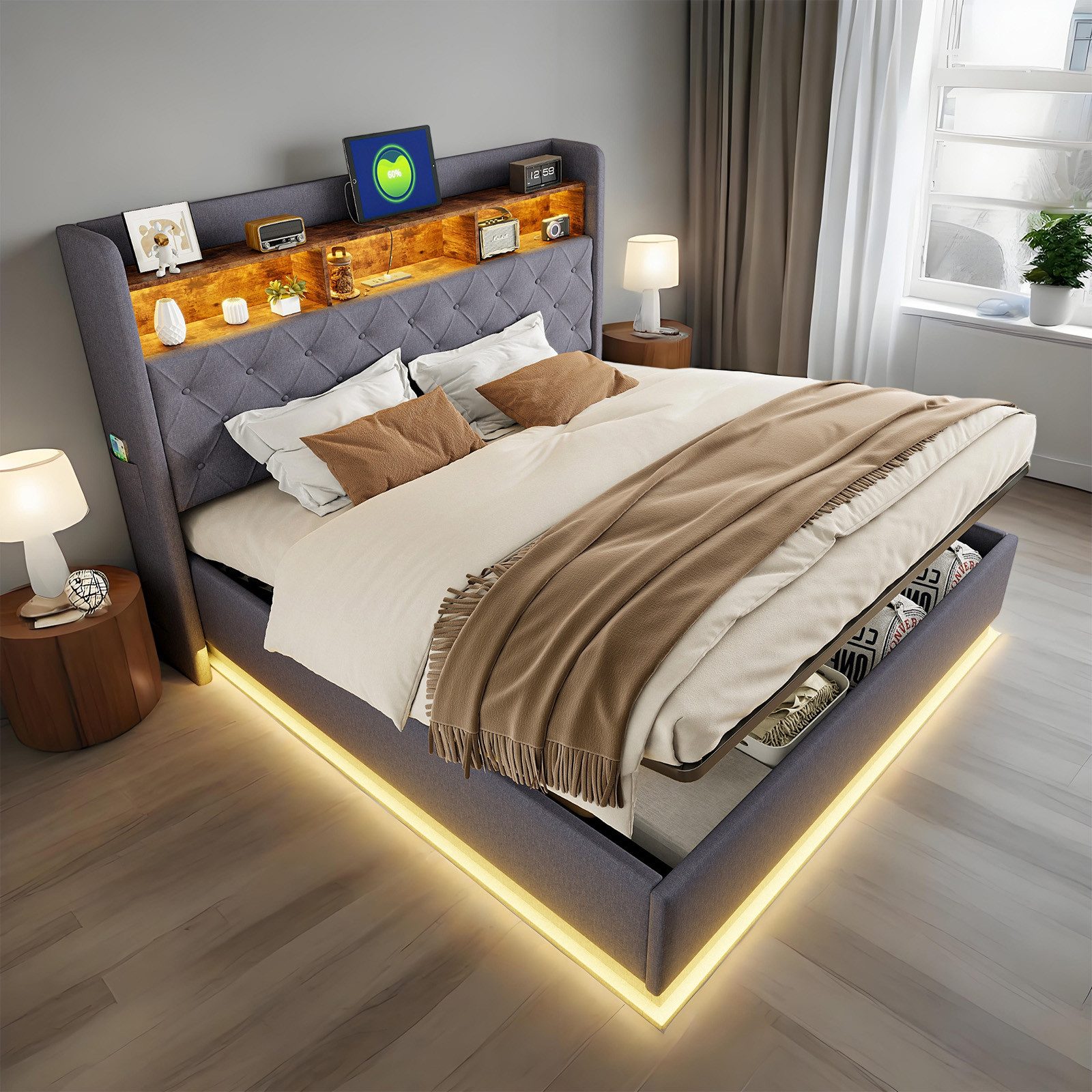 OKWISH Polsterbett Funktionsbett,Stauraumbett,Doppelbett,Gästebett (Luxuriöses LED-Polsterbett,mit USB-Ladeanschluss und hydraulischem Stauraum., 160 x 200 cm), ohne Matratze