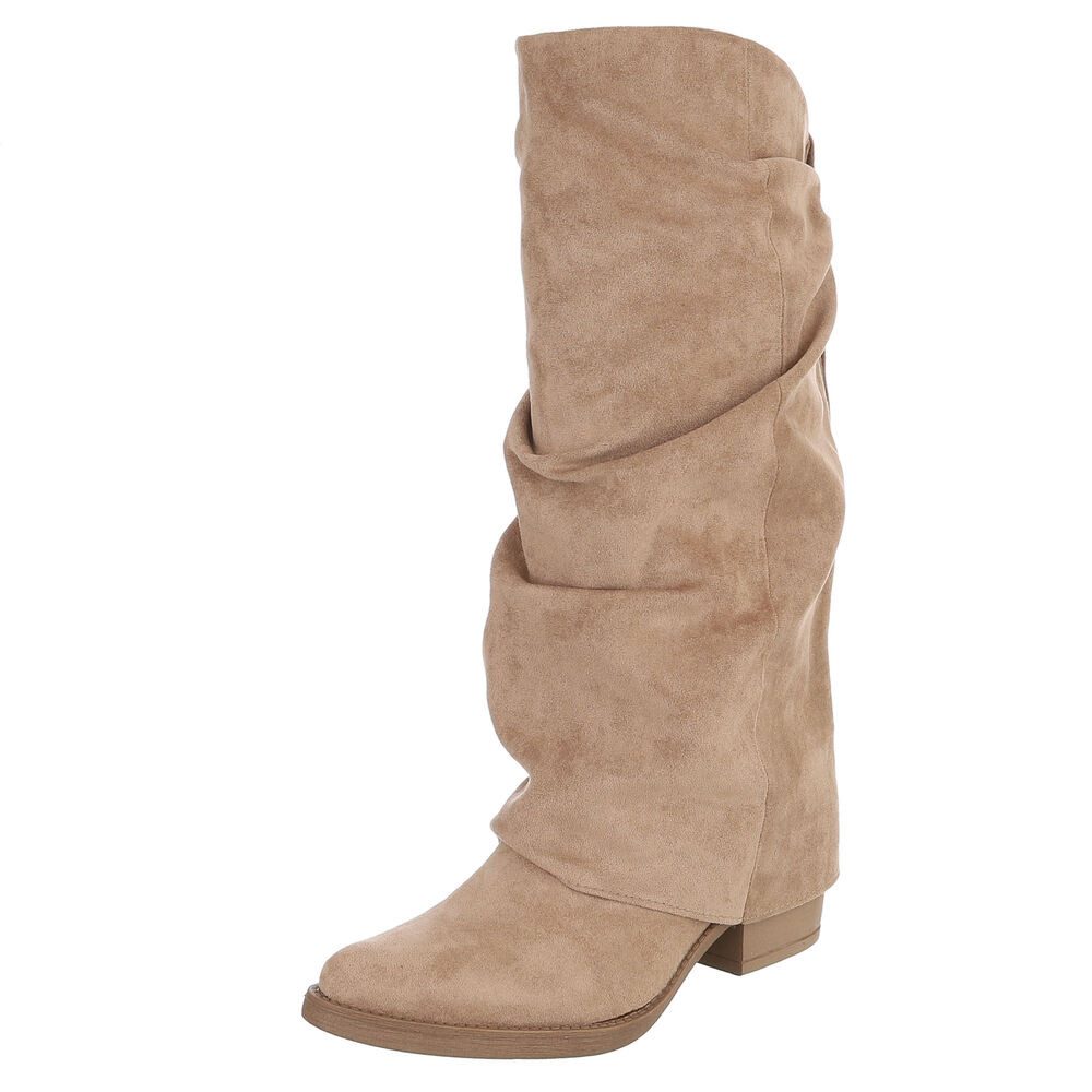 Ital-Design Damen Kniehochstiefel mit Blockabsatz, Schlupfform Westernstiefel (92078794) Blockabsatz Stiefel in Hellbraun
