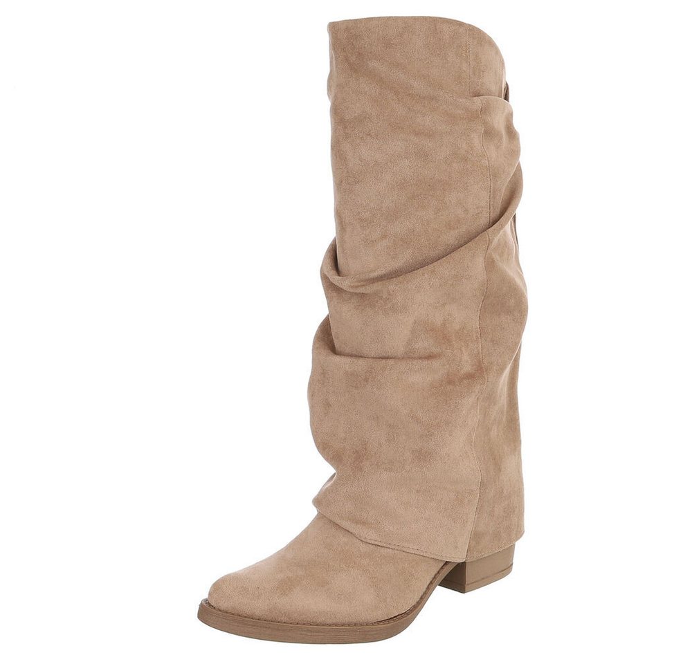 Ital-Design Damen Kniehochstiefel mit Blockabsatz, Schlupfform Westernstiefel (92078797) Blockabsatz Stiefel in Hellbraun