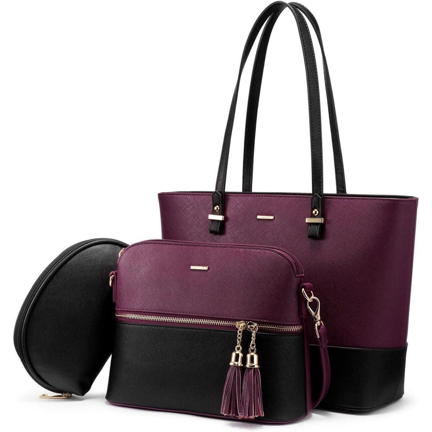 LuxusKollektion Handtasche Handtasche Damen Shopper Leder Groß 3teiliges Set C Schwarz-violett