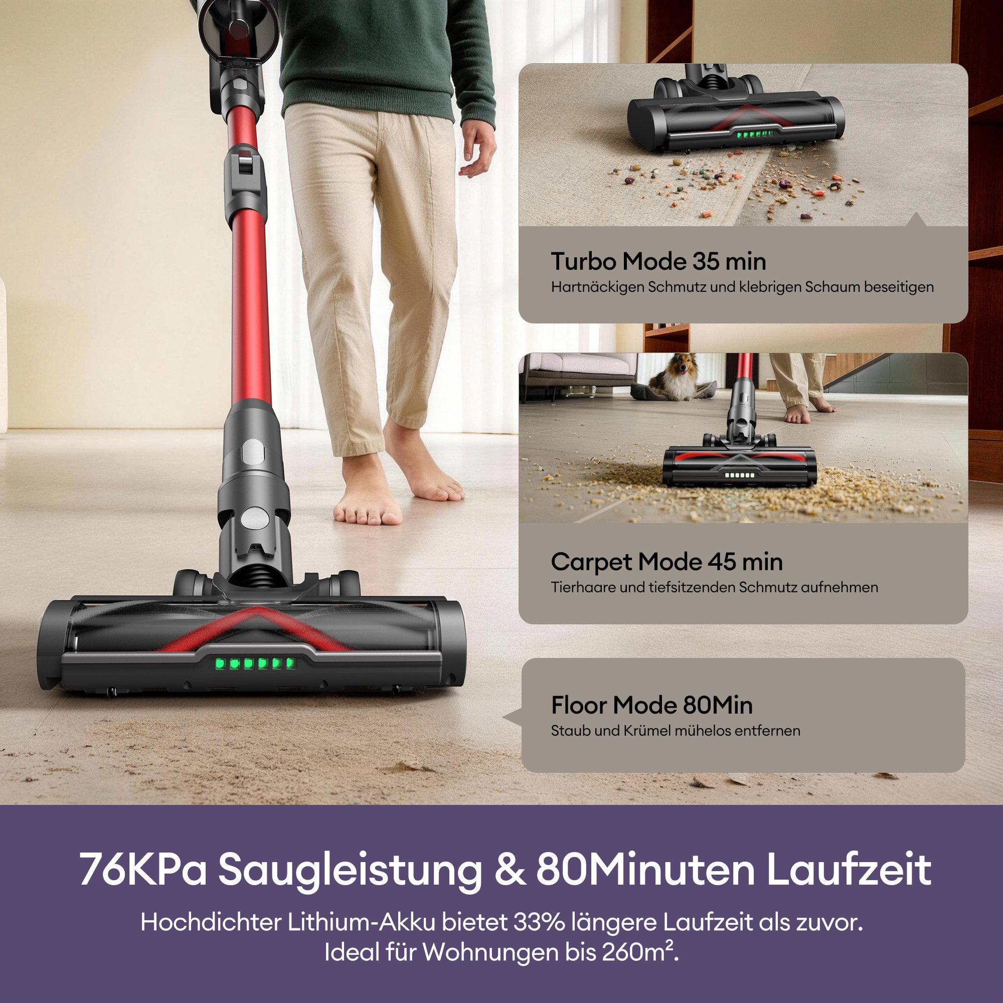 Ultenic Akku-Hand-und Stielstaubsauger akkustaubsauger,kabellos,8 in 1/76000PA/80min, 600 W, beutellos, 180°flexibles Biegegelenk, selbststehendes Design