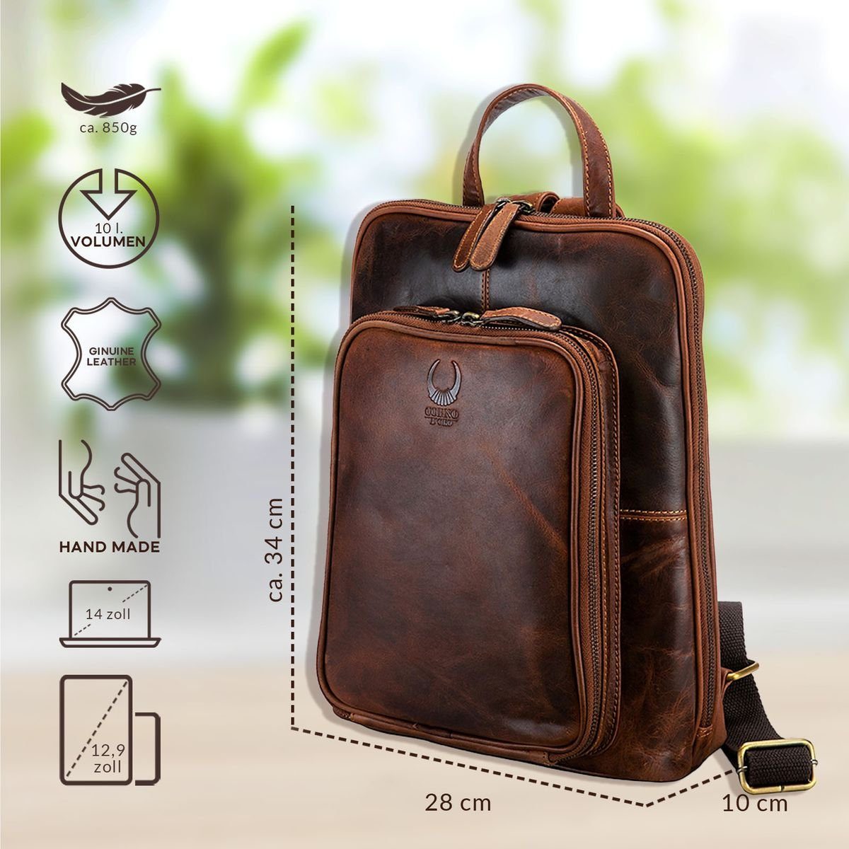 Corno d´Oro Cityrucksack Premium Rucksack Damen Echt Leder mittelgroß Vintage Braun, Handgefertigt, für 14 Zoll Laptop, mit Organizer Fronzfach