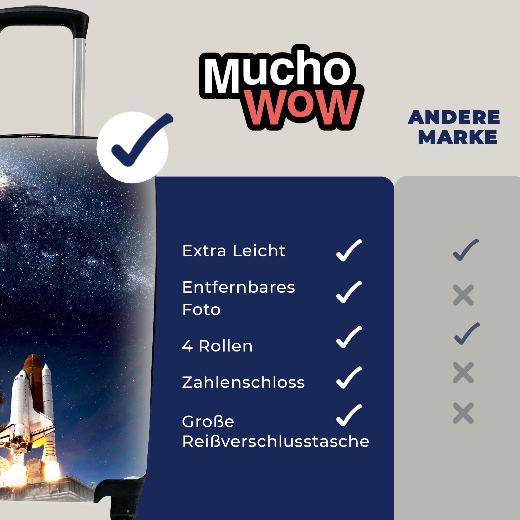 MuchoWow Handgepäckkoffer Weltraum - - für Trolley, rollen, Handgepäck Rakete, Reisetasche 4 Ferien, mit Sterne Rollen, Reisekoffer