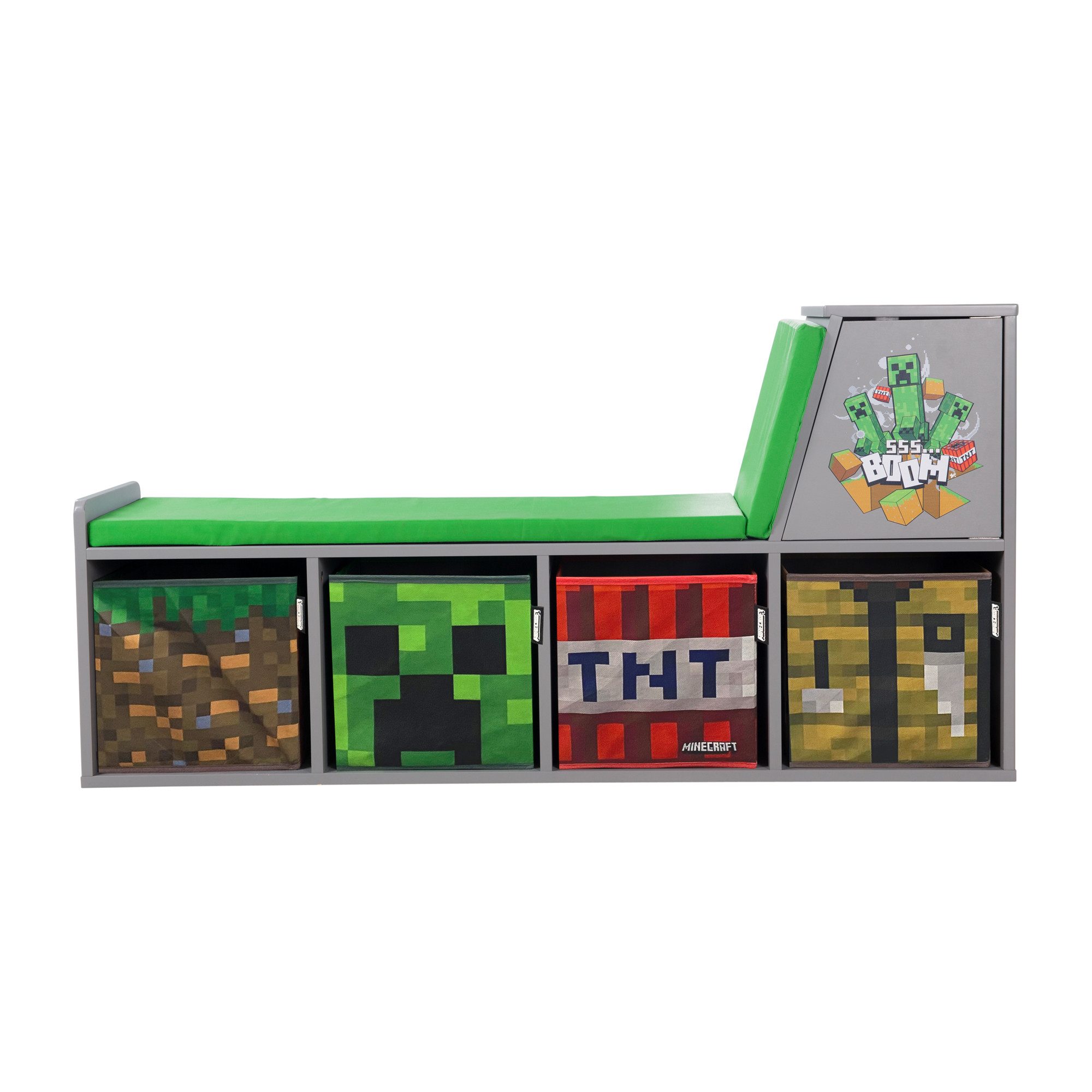 Minecraft Sitzbank mit Sitzkissen und Lehne - mit 4 Stauraumkisten, aus stabilem Holz - praktische Sitzbank zum Lesen - Grau – Bild 4 von 5