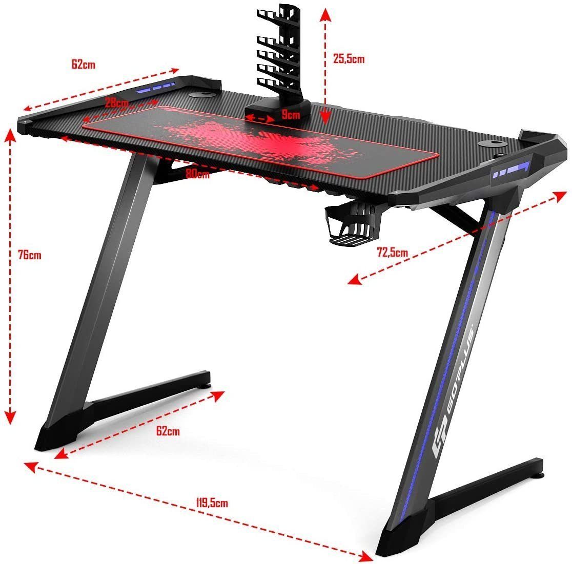 Gamingtisch, 4 mit RGB-Led, Z-förmig Controller-Halterung 120cm USB, COSTWAY