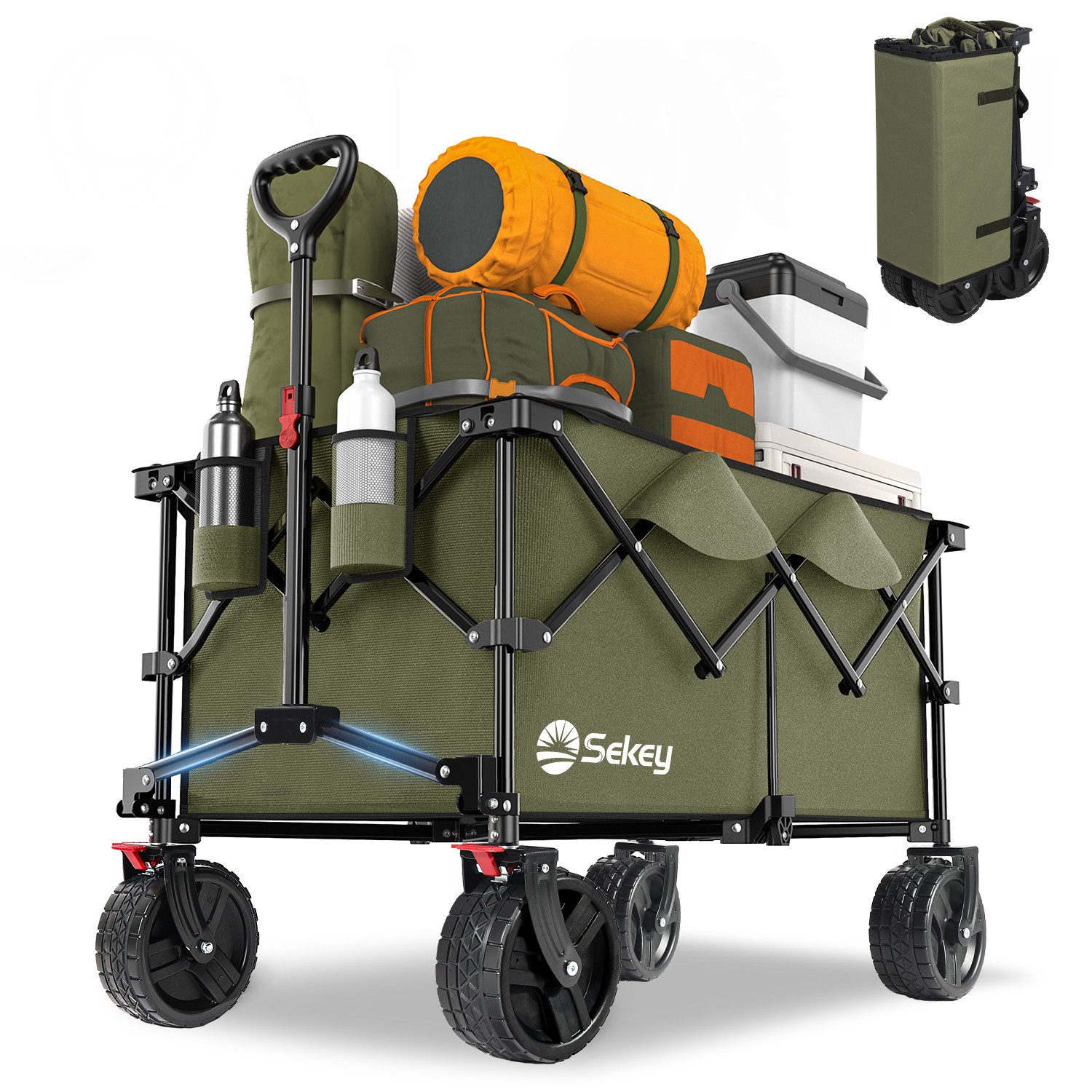 Sekey Bollerwagen Faltbarer Bollerwagen bis 200kg Handwagen Breite Reifen Alle Gelände, Ultrakompakte Faltgröße, mit einer Hand faltbar, 200L 200 KG belastbar