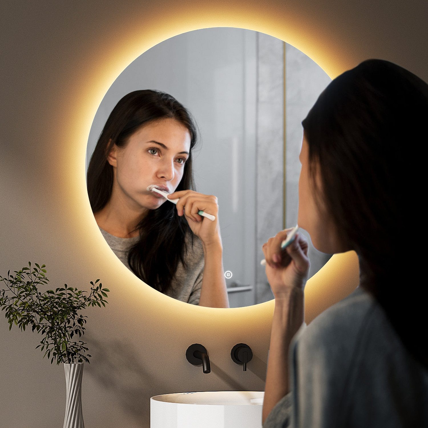 WDWRITTI Schminkspiegel Kosmetikspiegel mit LED beleuchtung Rund 60cm 50cm Wandmontage (Wandspiegel Badspiegel, Touch, Wandschalter), 3000/4000/6500K, Helligkeit dimmbar, Memory