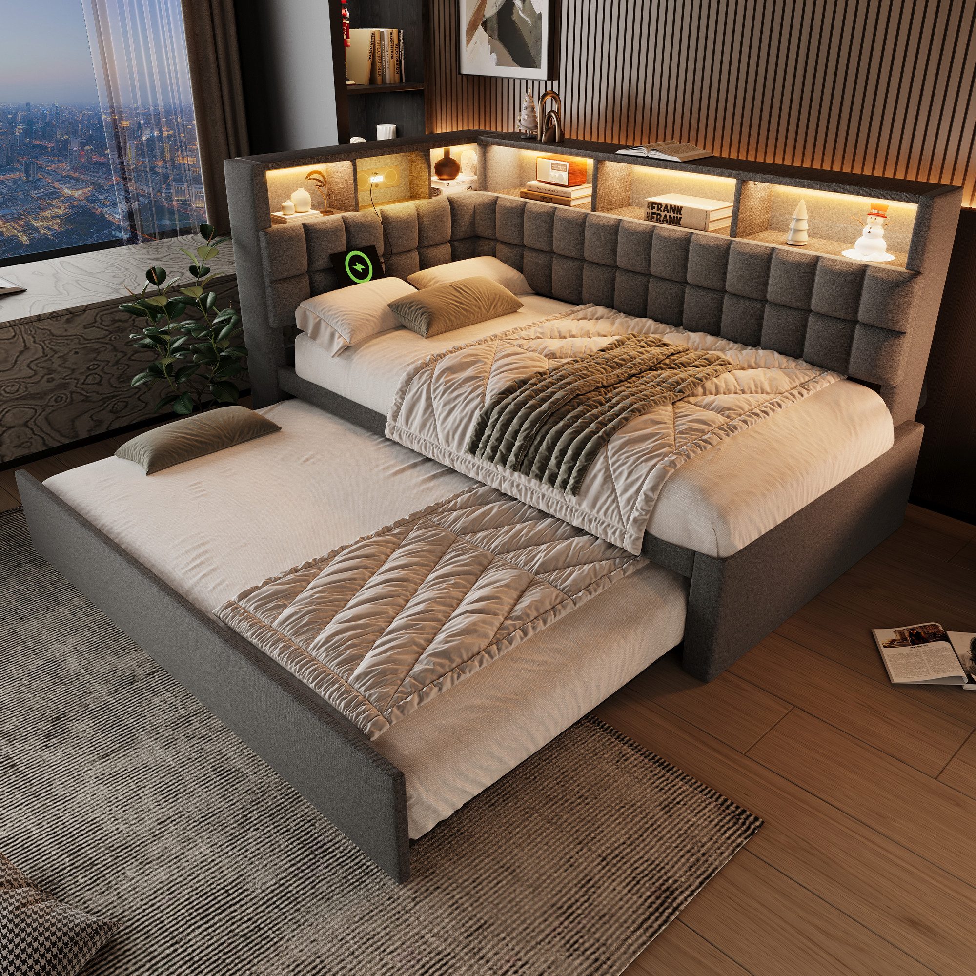 i@home Polsterbett Gästebetten 90×200 cm mit Ausziehbett (LED-Beleuchtung 16 Farben, USB & Type-C Ladefunktion, Bluetooth-Lautsprecher, 1-tlg., Schlafsofa, L-Kopfteil mit Stauraum), Kinderbett ohne Matratze Leinen