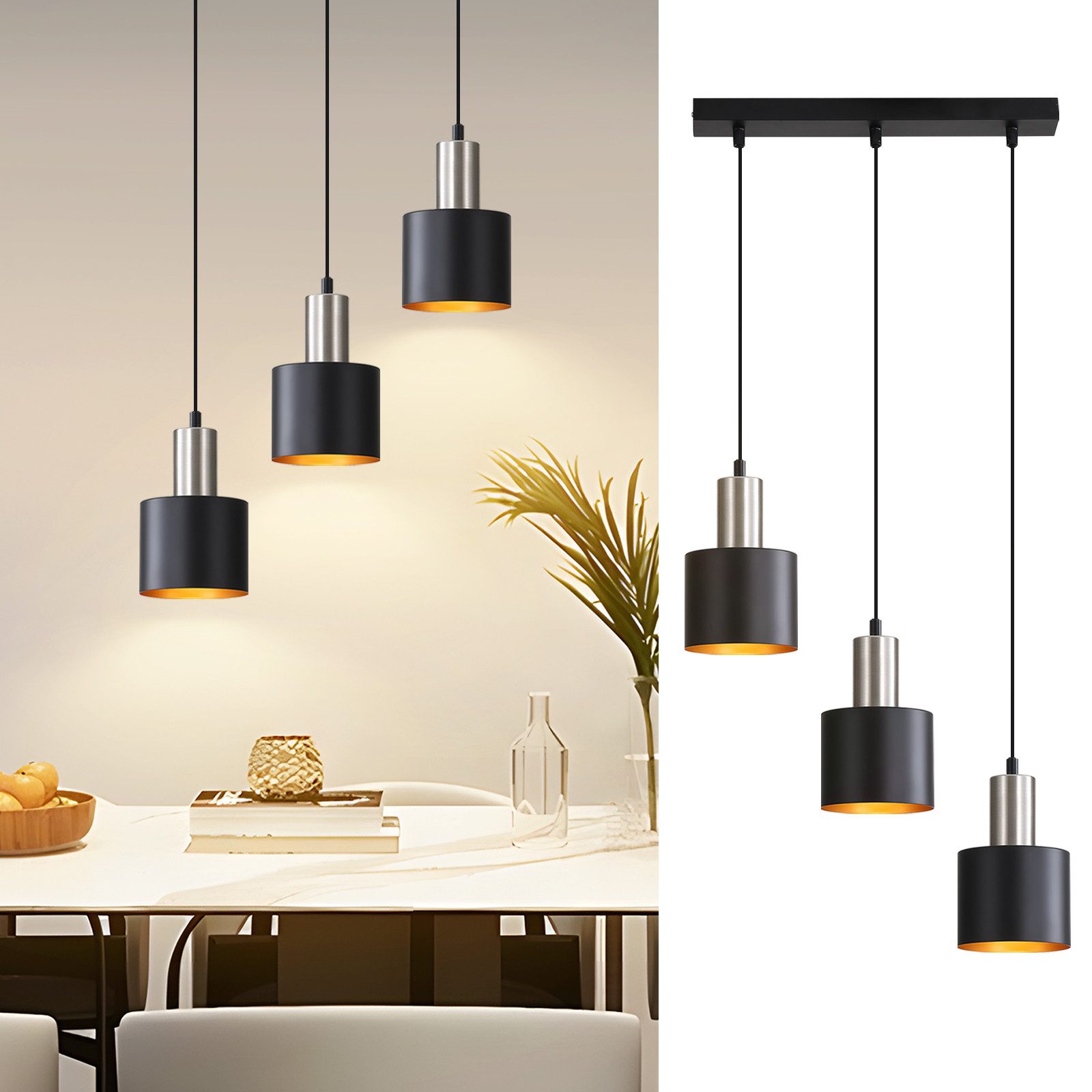 Nettlife Hängeleuchte Schwarz Gold Vintage 1/2/3 Flammig Esstisch E27 Pende günstig online kaufen