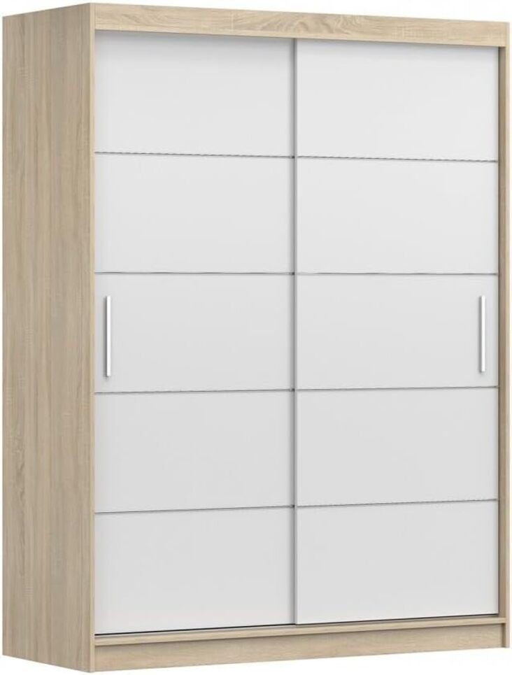 MOEBLO Kleiderschrank LARA 06 (mit dekorativen Elementen aus Aiminium, Schwebetürenschrank 2-türig Schrank, Gaderobe mit vielen Einlegeböden und Kleiderstange), (BxHxT): 150x200x61 cm Weiß | Sonoma