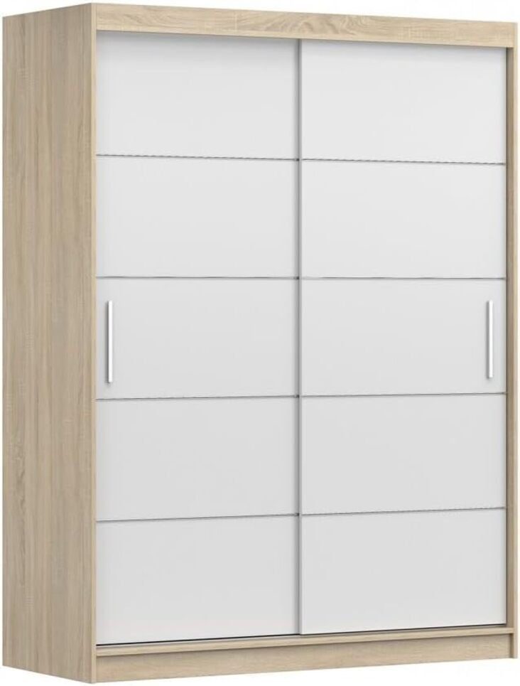 MOEBLO Kleiderschrank LARA 06 Sonoma | 150x200x61 (mit Gaderobe mit (BxHxT): und aus Einlegeböden 2-türig Elementen Schrank, vielen Aiminium, Kleiderstange), cm Schwebetürenschrank dekorativen Weiß