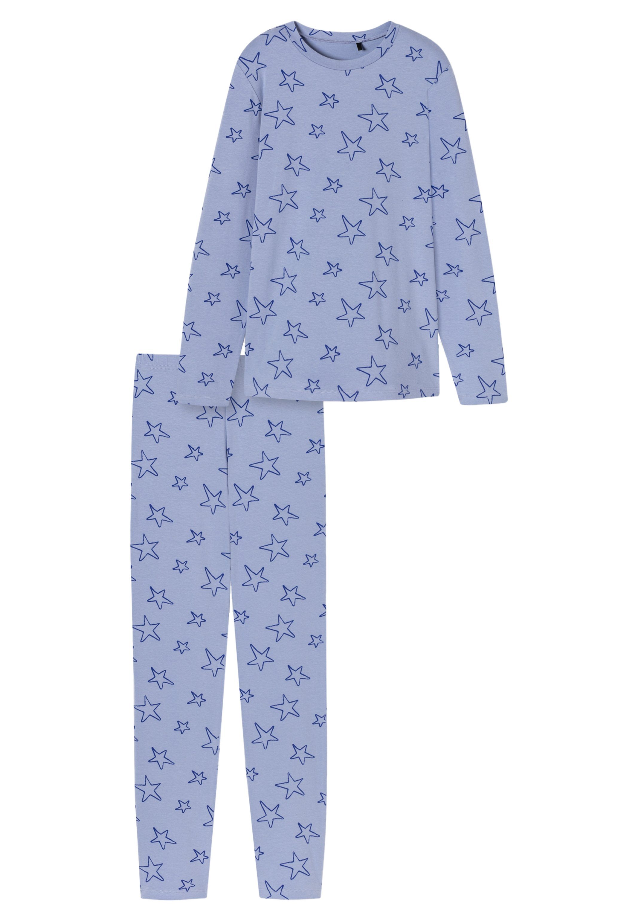 Schiesser Pyjama Nightwear - Allover-Print, Bund Cotton mit Organic - Silver Schlafhose Baumwolle tlg) Pyjama 2 softem Mit (Set, Lilac