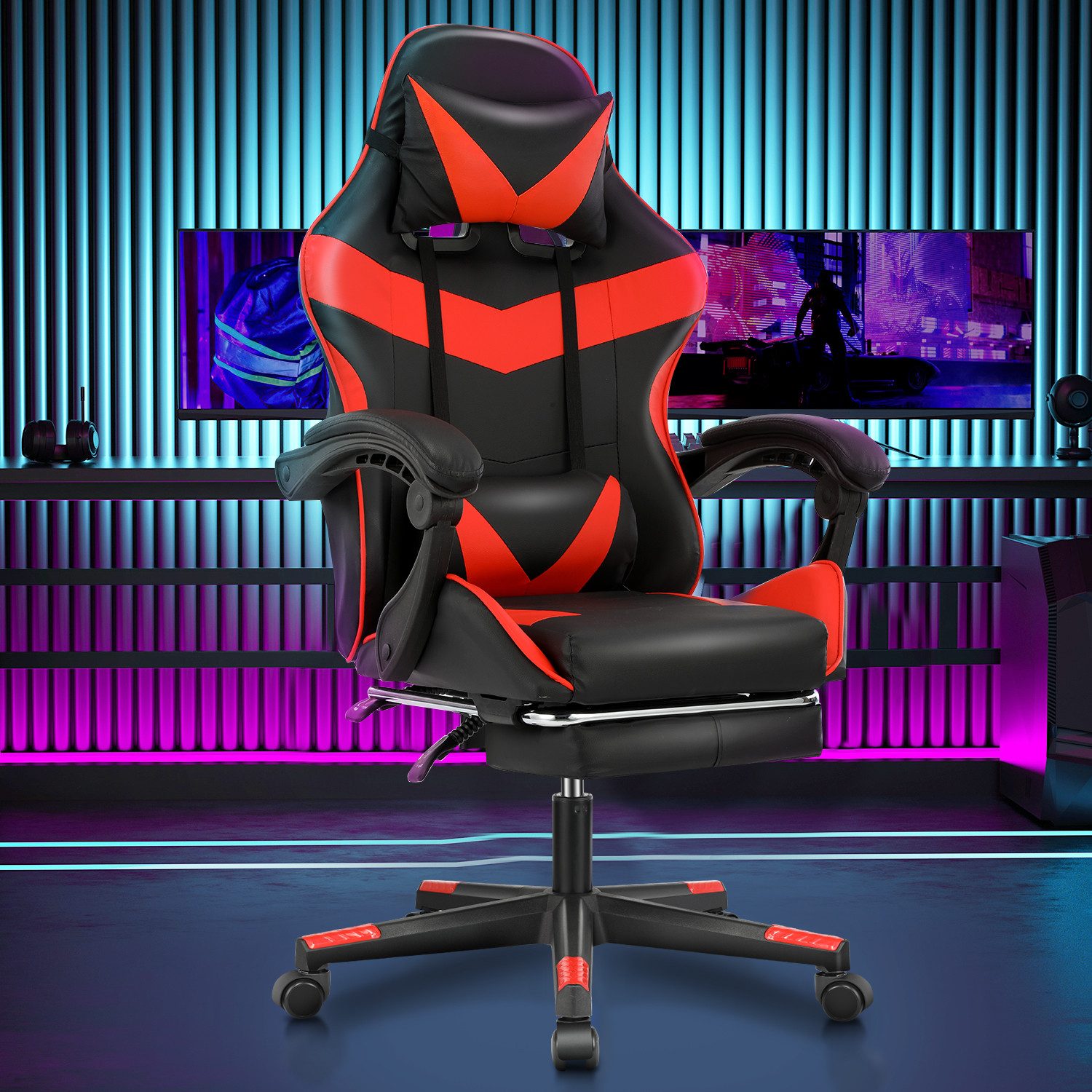 oyajia Gaming-Stuhl Ergonomischer Gaming Sessel mit Fußstütze und Kopfstütze Atmungsaktiv, mit abnehmbarem Kopfkissen, maximale Belastbarkeit 150 kg
