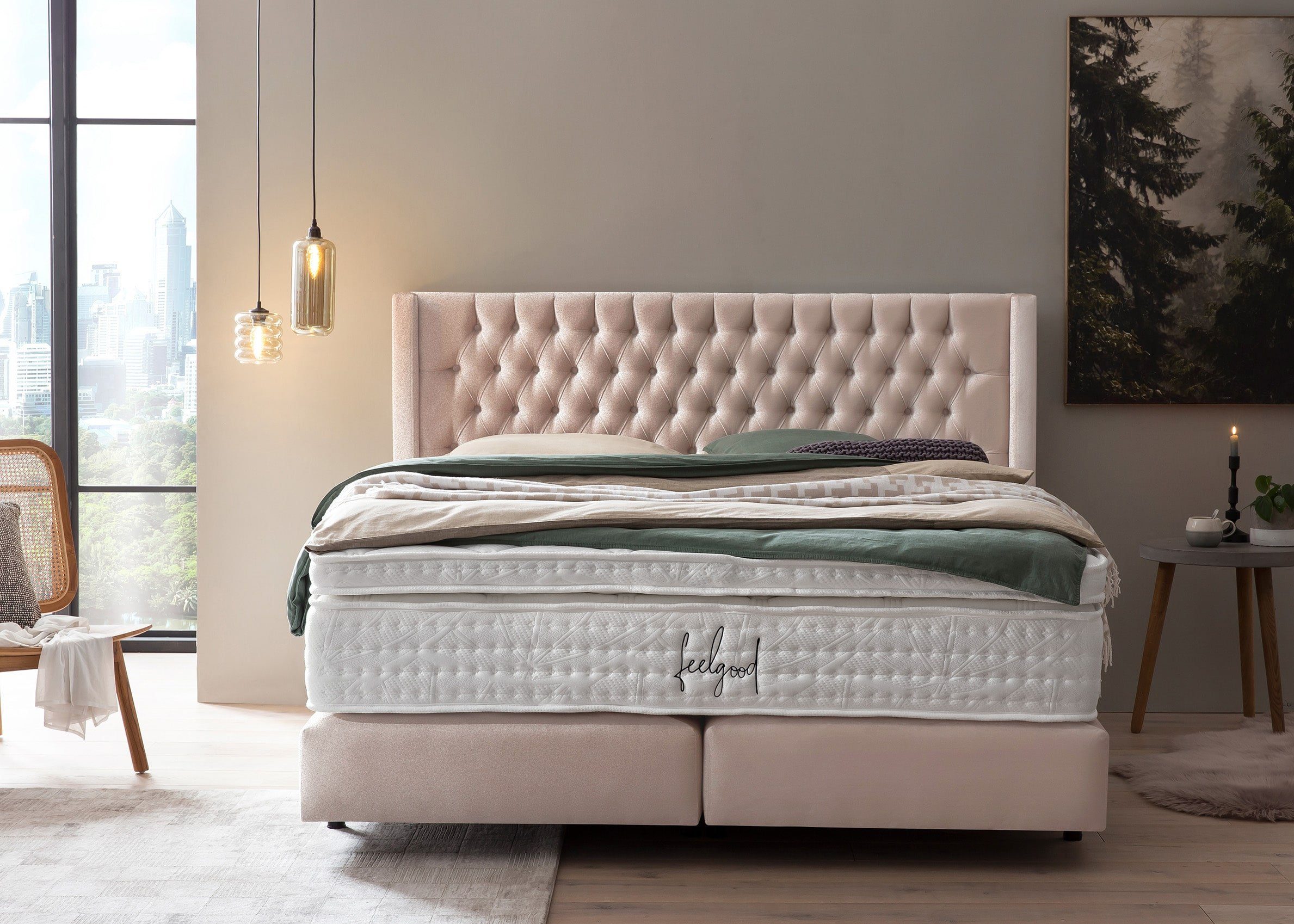 BettCo Boxspringbett Florida (in Rose Samt, 140 x 200 cm), Kopfteil mit Ohren, Topper optional, Schwebeoptik