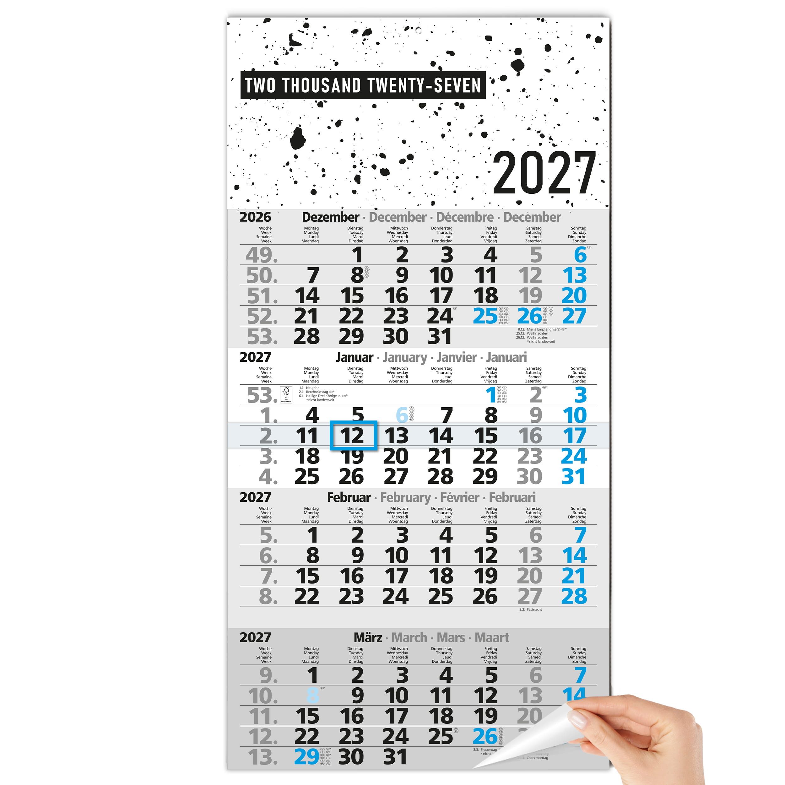 TOBJA Wandkalender 4 Monatskalender 2027 Design Splatter blauer Schieber 30x59 FSC, Design Splatter, blauer Datumsschieber, 4-sprachig, FSC, 30x59 cm