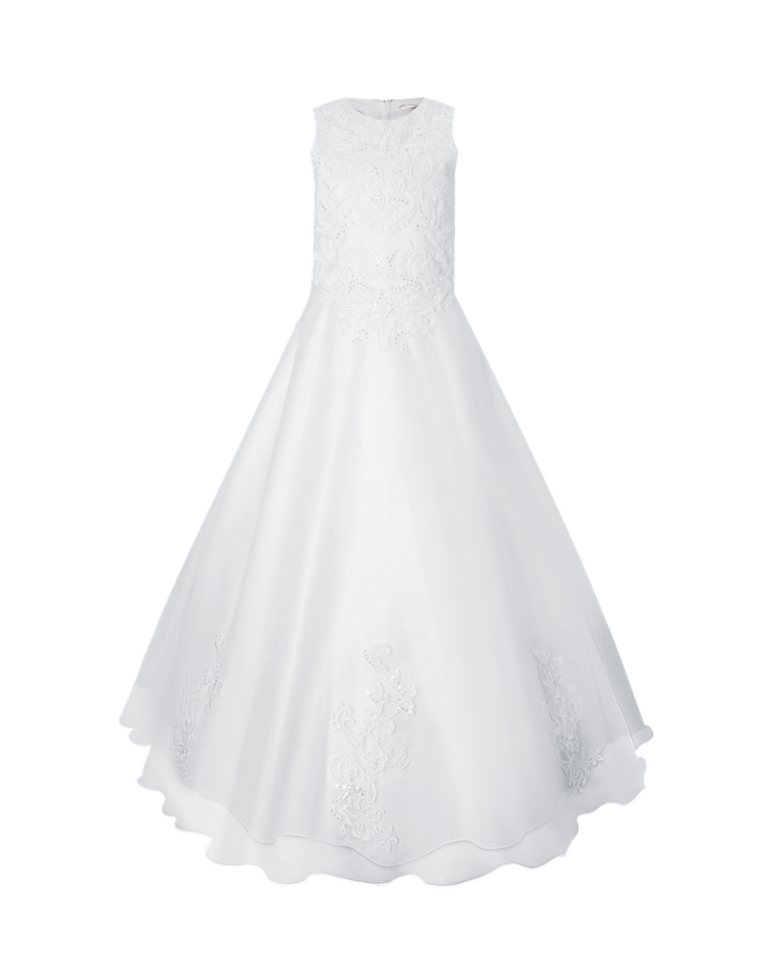 Märchenburg Satinkleid HOCHELEGANTES Kommunionkleid m. Reifrock Spitzenkleid Chiffon Satin - KOMMUNIONKLEID - Maiglöckchen 2026 -