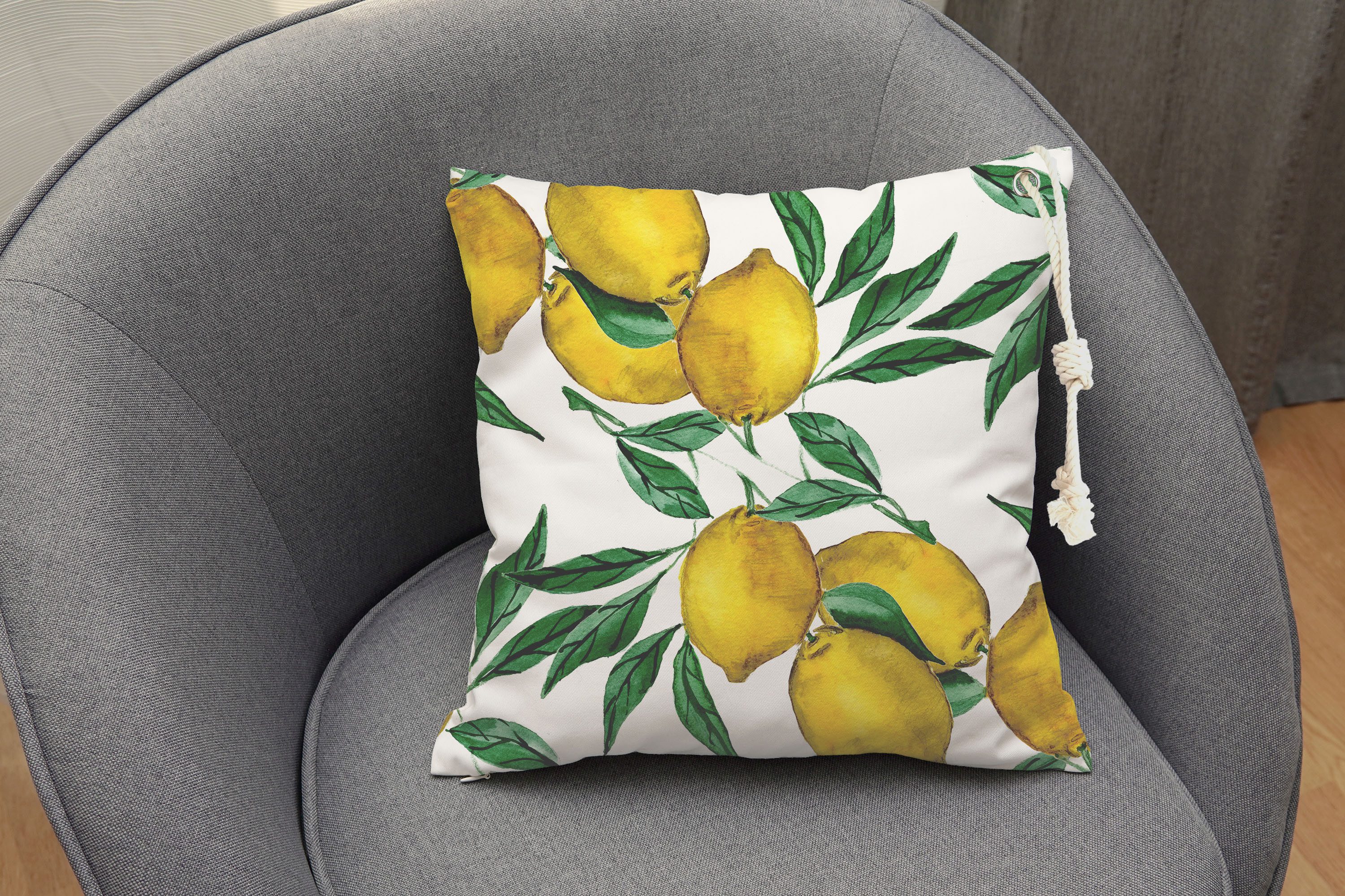 queence Декоративные подушки Mediterrane Zitronen mit Blättern, Outdoor-Kissen mit Öse und dicker Stoffkordel