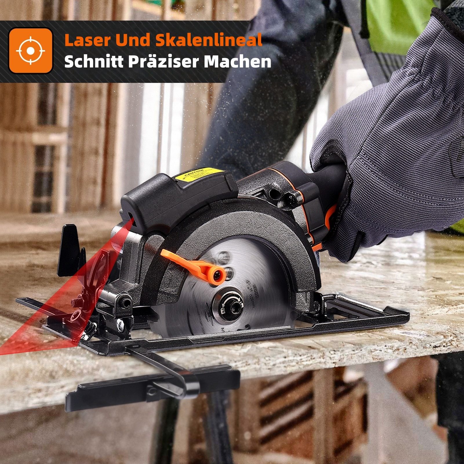 DOVAMAN Handkreissäge mit Laser, 710W 115mm, Metall-Zusatzgriff, 6 Sägeblätter, kabelgebunden