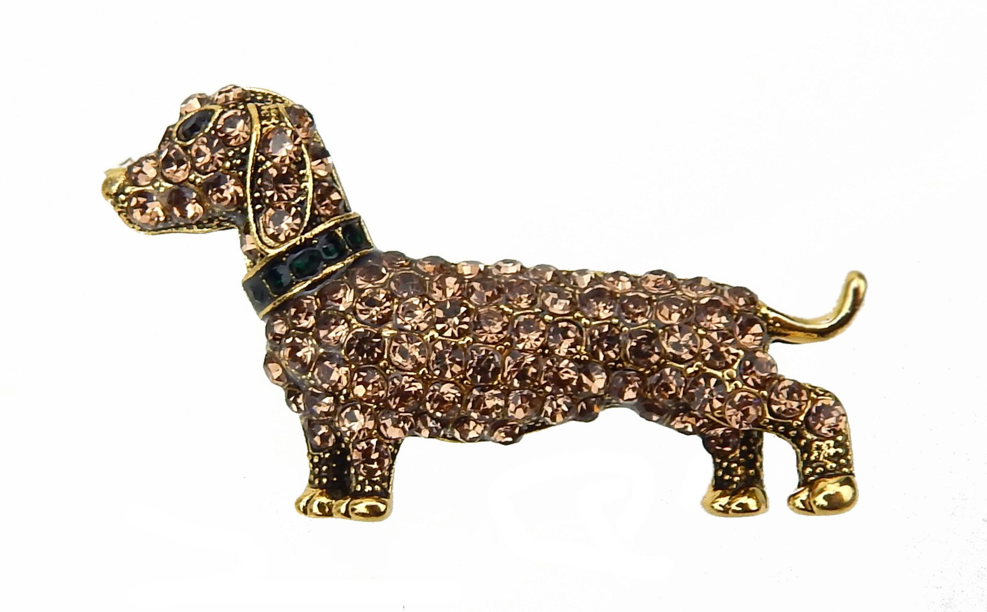 Ella Jonte Brosche, Dackel mit bernsteinfarbenen Strasssteinen in Gold oder Silber