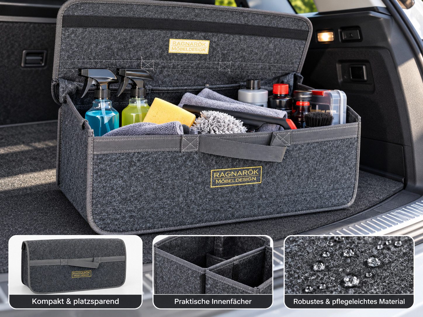 Ragnarök Möbel-Design Aufbewahrungsbox Aufbewahrungsbox Auto Kofferraumtasche – Organizer für Kofferraum, faltbar, Tragegriff, Klettverschluss