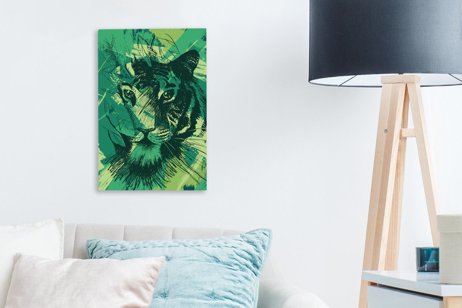 Zackenaufhänger, (1 - cm Gemälde, St), bespannt Grün, fertig OneMillionCanvasses® Tiger Leinwandbild Leinwandbild 20x30 Abstrakt inkl. -