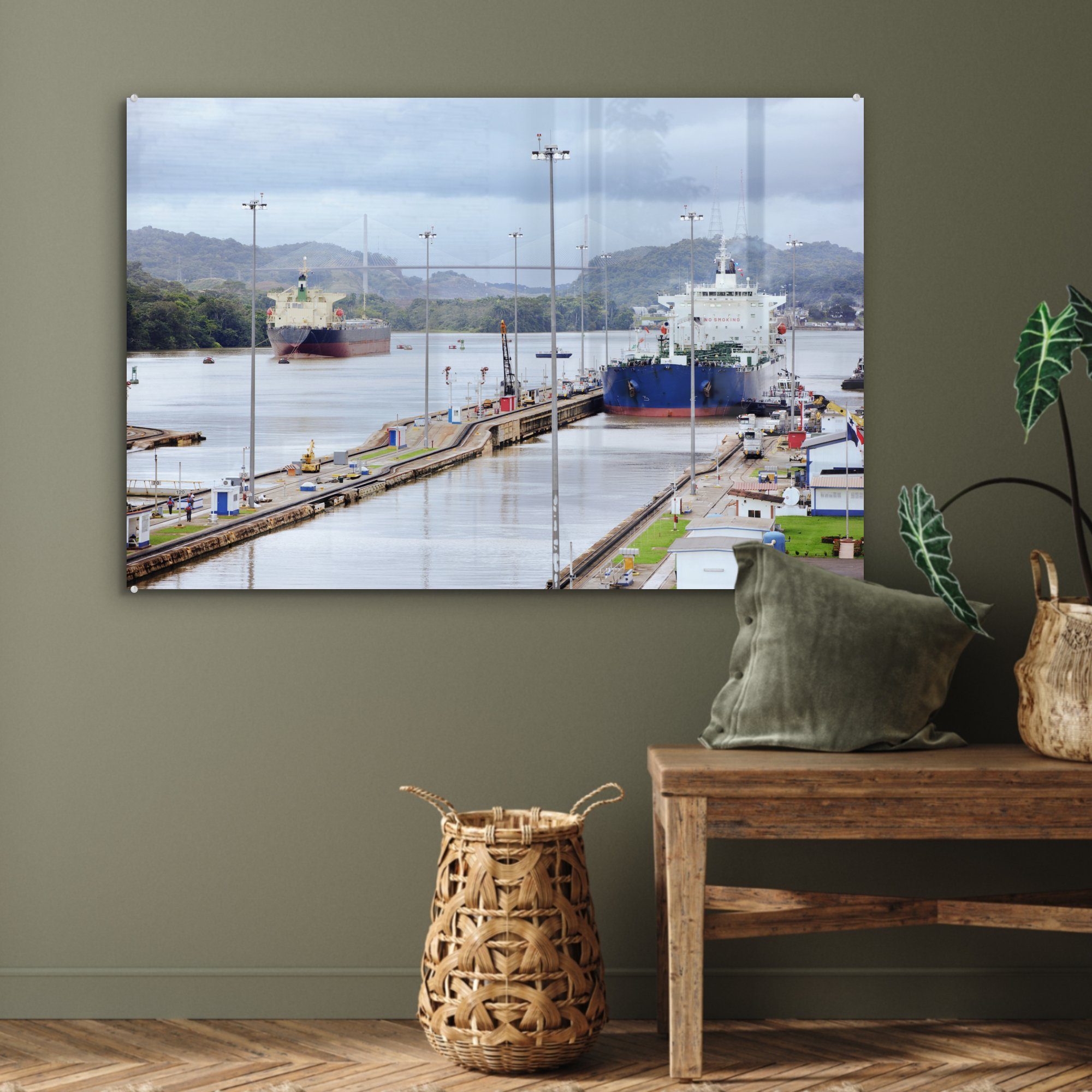 MuchoWow Acrylglasbild Wohnzimmer & St), des Schiff Panamakanals, Acrylglasbilder Schlafzimmer in (1 der Kanalschleuse