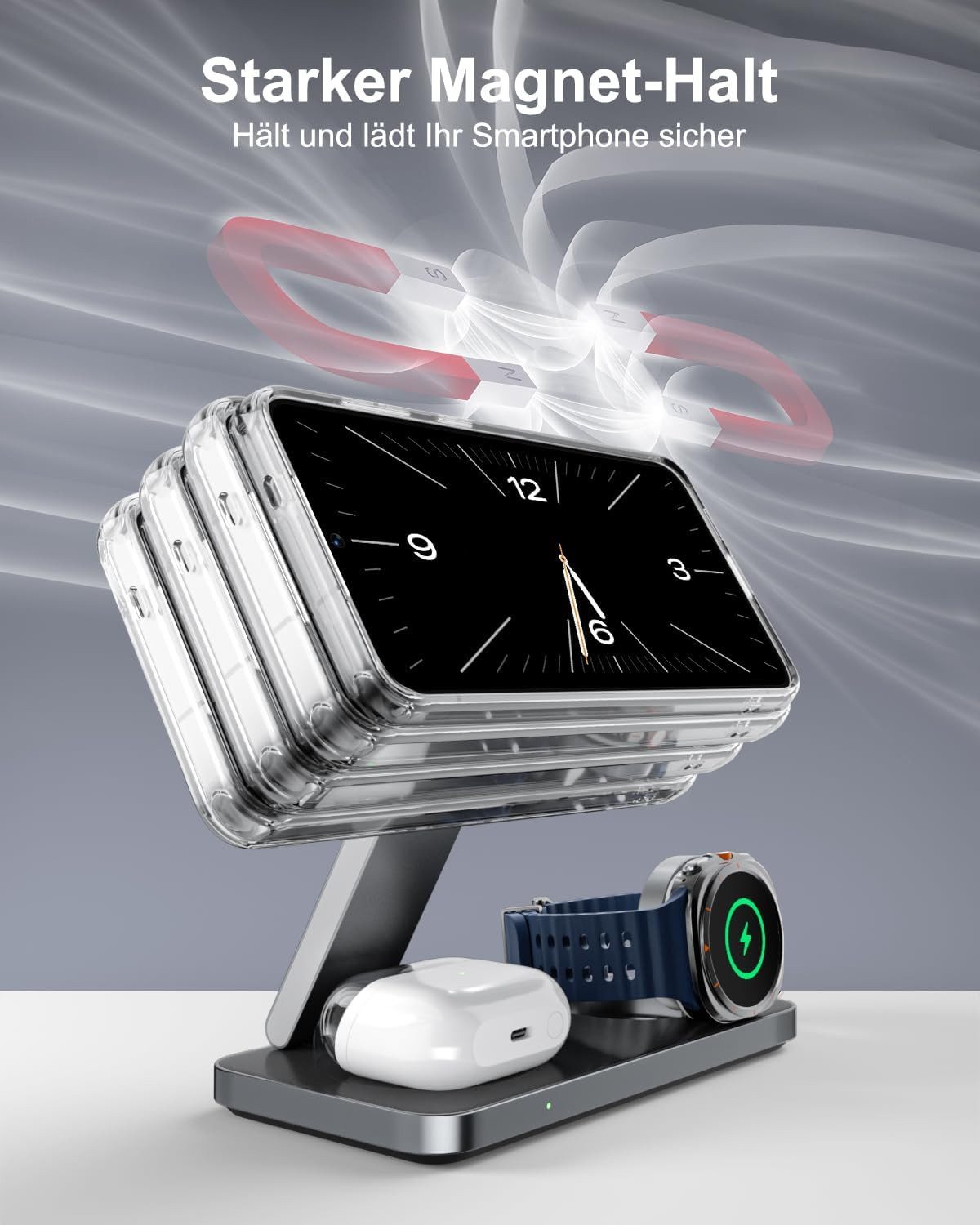 GreenHec 3in1 Ladestation für Samsung S26 S25 S24 S23, Magnetisch, Induktiv Wireless Charger (Spar-Set, Wireless Charging Pad, Watch Charger, MagSafe kompatibel – Bild 4 von 5