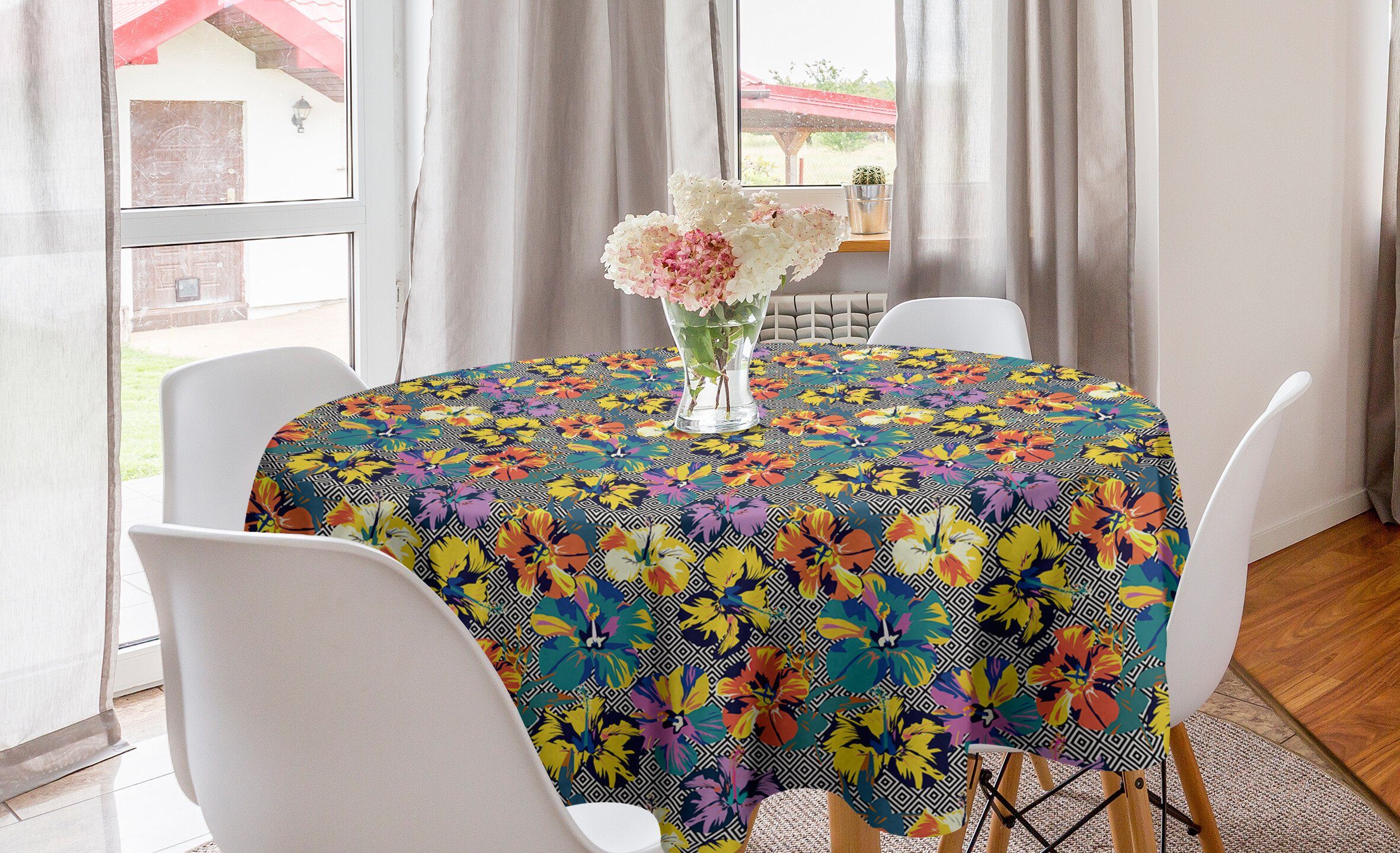 Abakuhaus für Esszimmer Aloha Abdeckung Kreis Hibiscus Tropisch Geometrische Küche Tischdecke Dekoration, Tischdecke