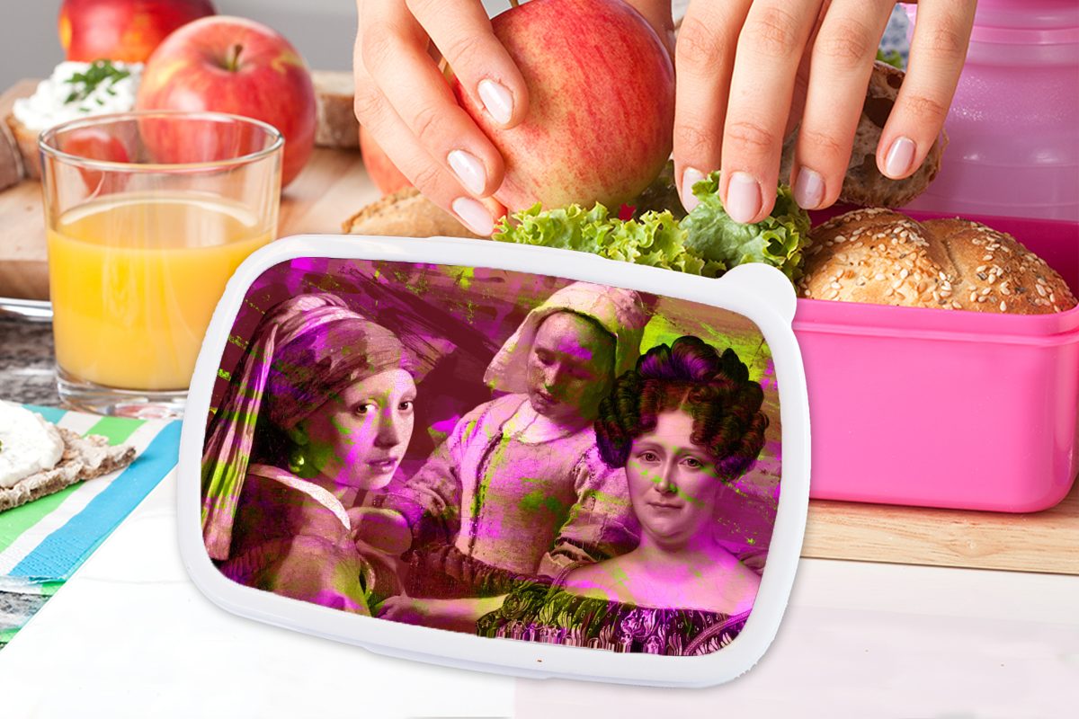 Malerei Kunststoff Erwachsene, MuchoWow rosa Kunststoff, Mädchen, Neon, (2-tlg), Brotdose für - Lunchbox - Snackbox, Kinder, Collage Brotbox