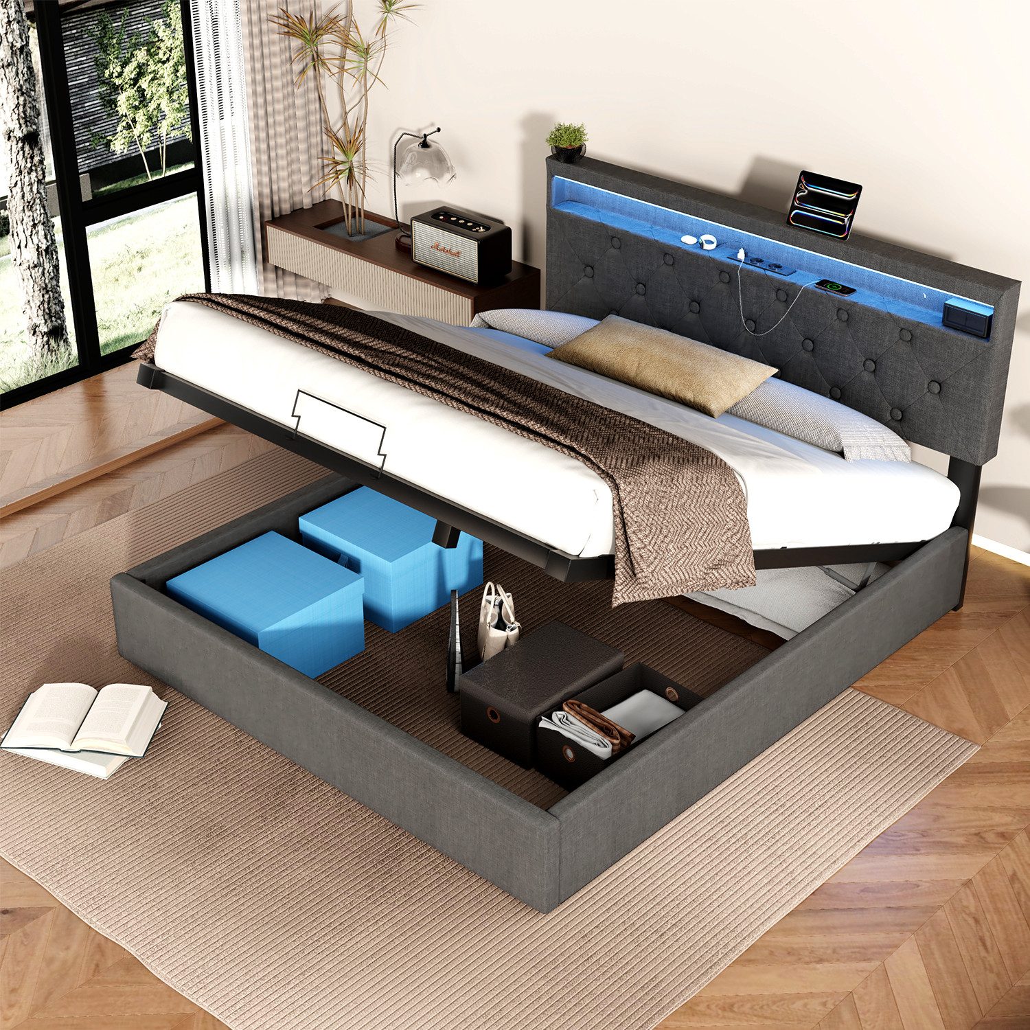 oyajia Polsterbett Doppelbett mit Steckdosen & LED Beleuchtung,Hydraulische günstig online kaufen