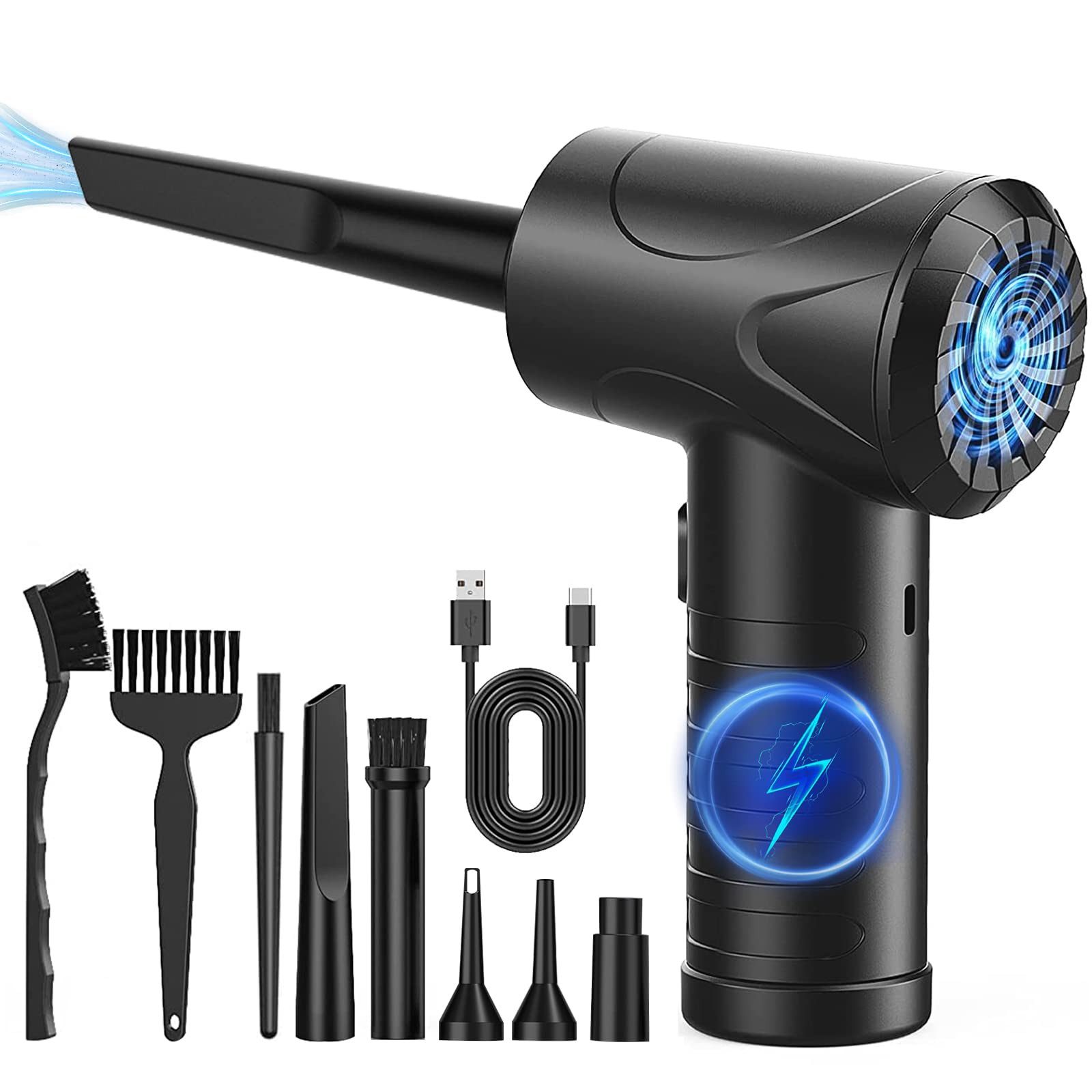 AIBISTAR Handstaubsauger Electric Air Duster, 3-Gang-Druckluftgebläse mit 91000 U/min, 3-Gang 91000 U/min,5 Düsen und 3 antistatische Bürstenköpfe
