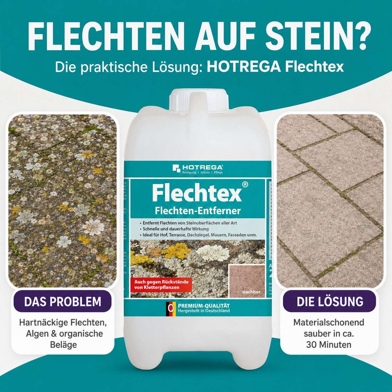 HOTREGA® Flechtex Flechten Entferner Steinreiniger Flechtenentferner Algen 2L Grünbelagentferner