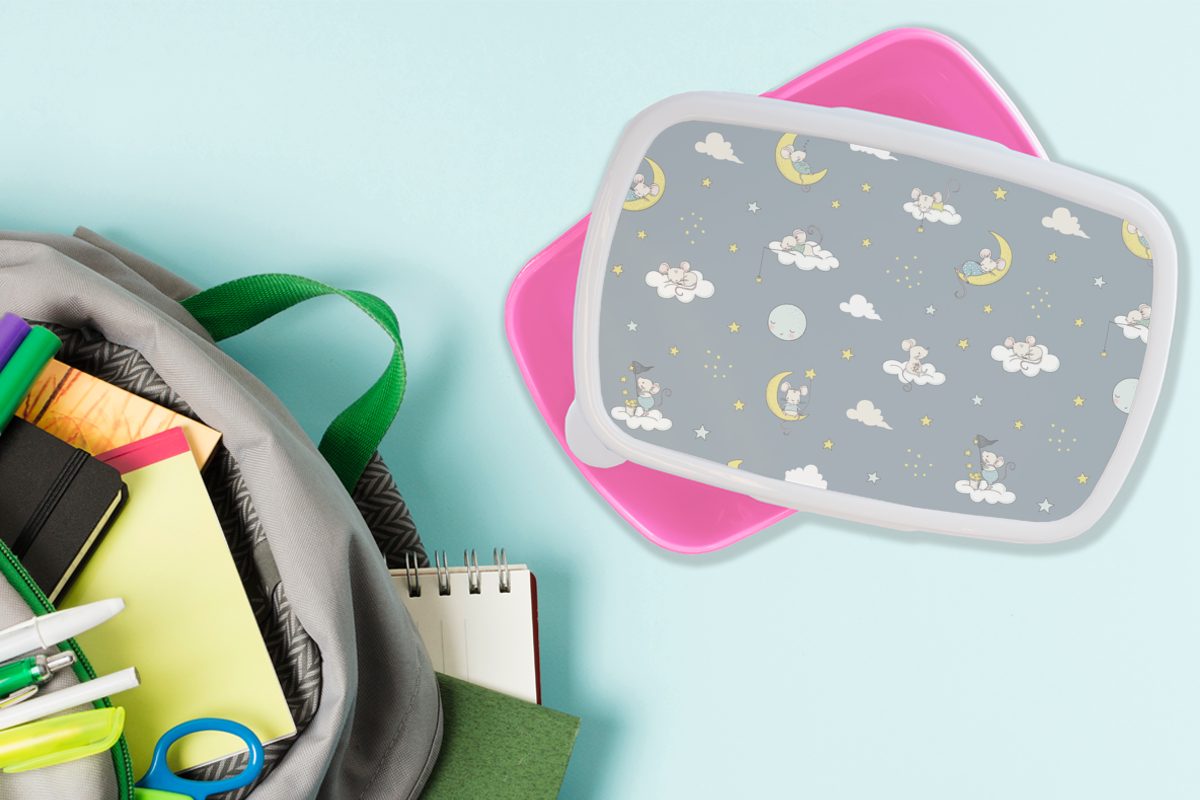 Snackbox, Kunststoff, Lunchbox - rosa Muster, Maus Erwachsene, (2-tlg), Mädchen, für Brotbox Mond Brotdose MuchoWow Kinder, - Kunststoff