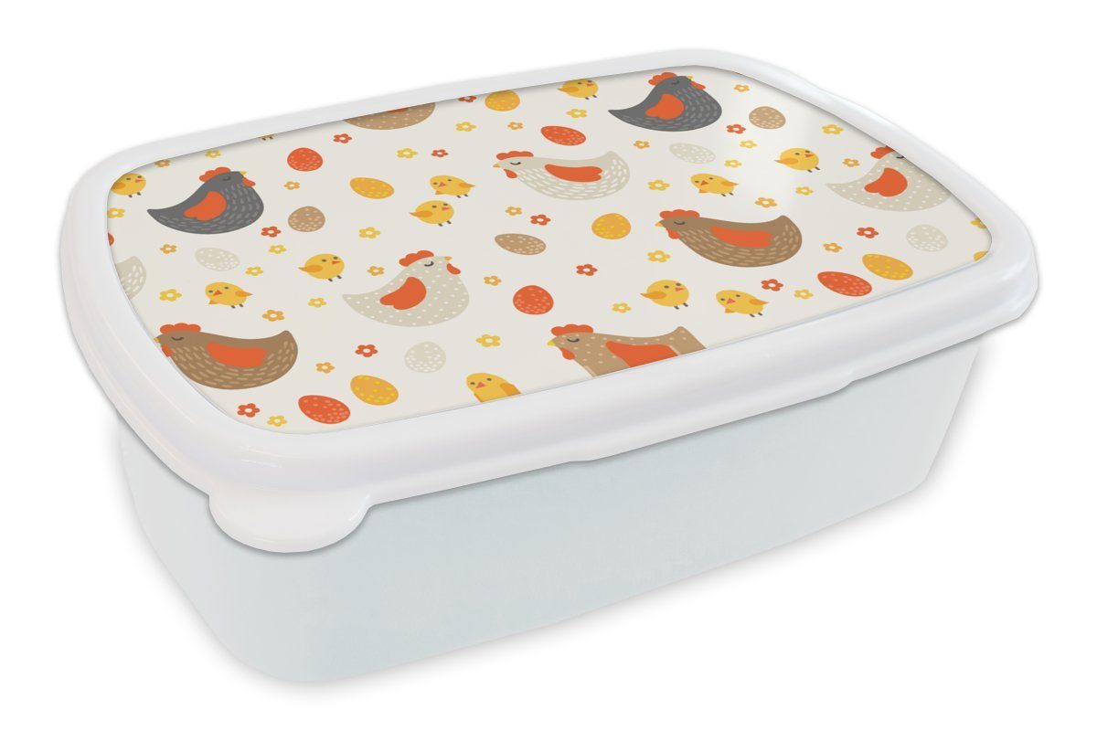 MuchoWow Lunchbox Huhn - Eier - Muster, Kunststoff, (2-tlg), Brotbox für Kinder und Erwachsene, Brotdose, für Jungs und Mädchen weiß