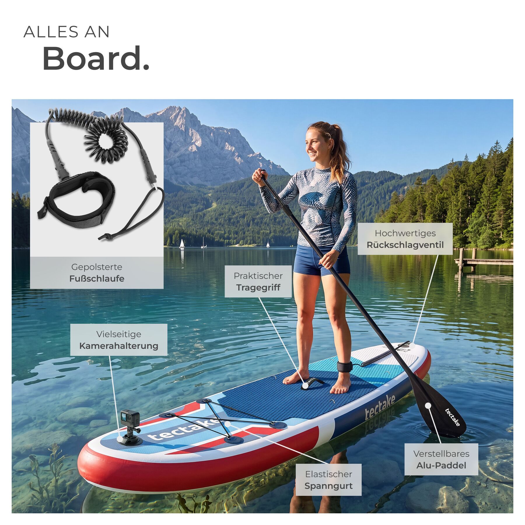 tectake SUP-Board Aufblasbares Paddle-Board mit Kamerahalterung, Kajak-Sitz, Stand-up Paddle, (Stand up Paddle Board Poseidon, in Rot/blau), Inkl. Zubehör, stabiles Komplettset bis 200 kg