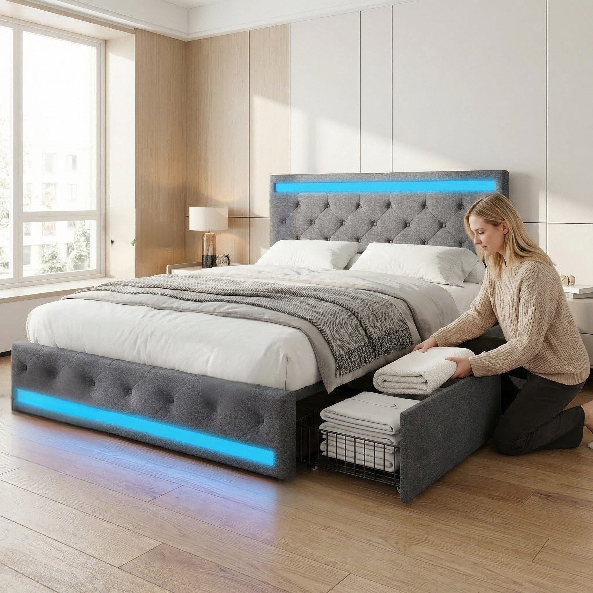 Furnishings Home Polsterbett LED Doppelbett 140x200cm, Stauraumbett mit Kopfteil und 4 Schubladen (Leinenmaterial Polsterbett mit RGB Beleuchtung), mit Lattenrost und Ladefunktion, mit Komforthöhe, Leises Design Bett
