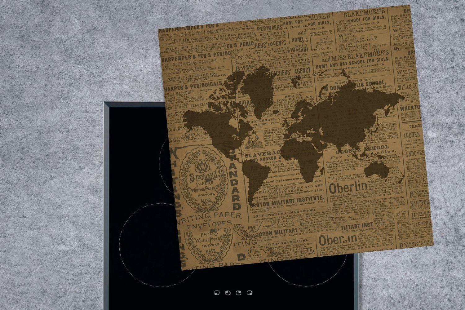 Vinyl, Zeitung Arbeitsplatte - tlg), küche Weltkarte cm, Herdblende-/Abdeckplatte (1 Ceranfeldabdeckung, - für Briefe, Brown 78x78 MuchoWow