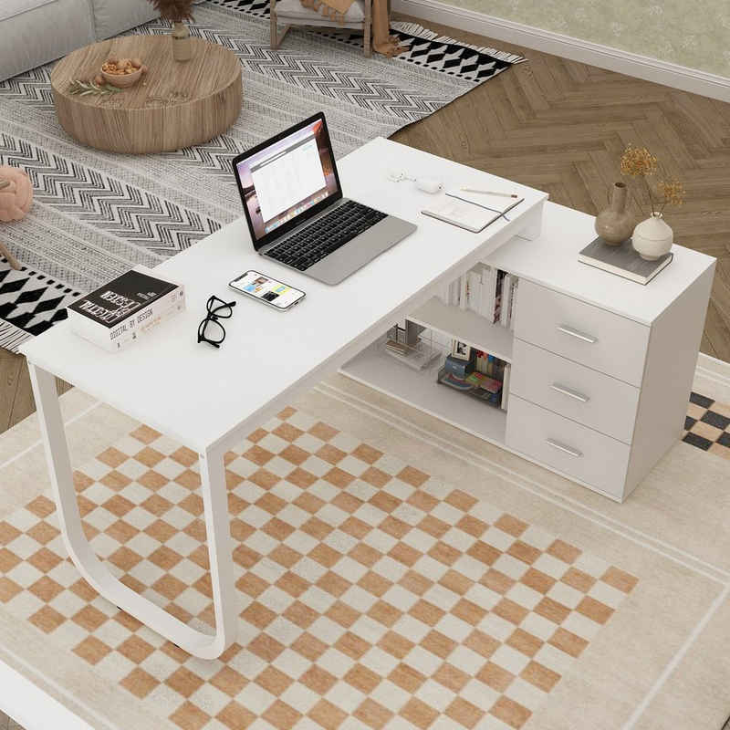 FUFU&GAGA Eckschreibtisch Computertisch mit 3 Schubladen & 2 Regalen 140 cm