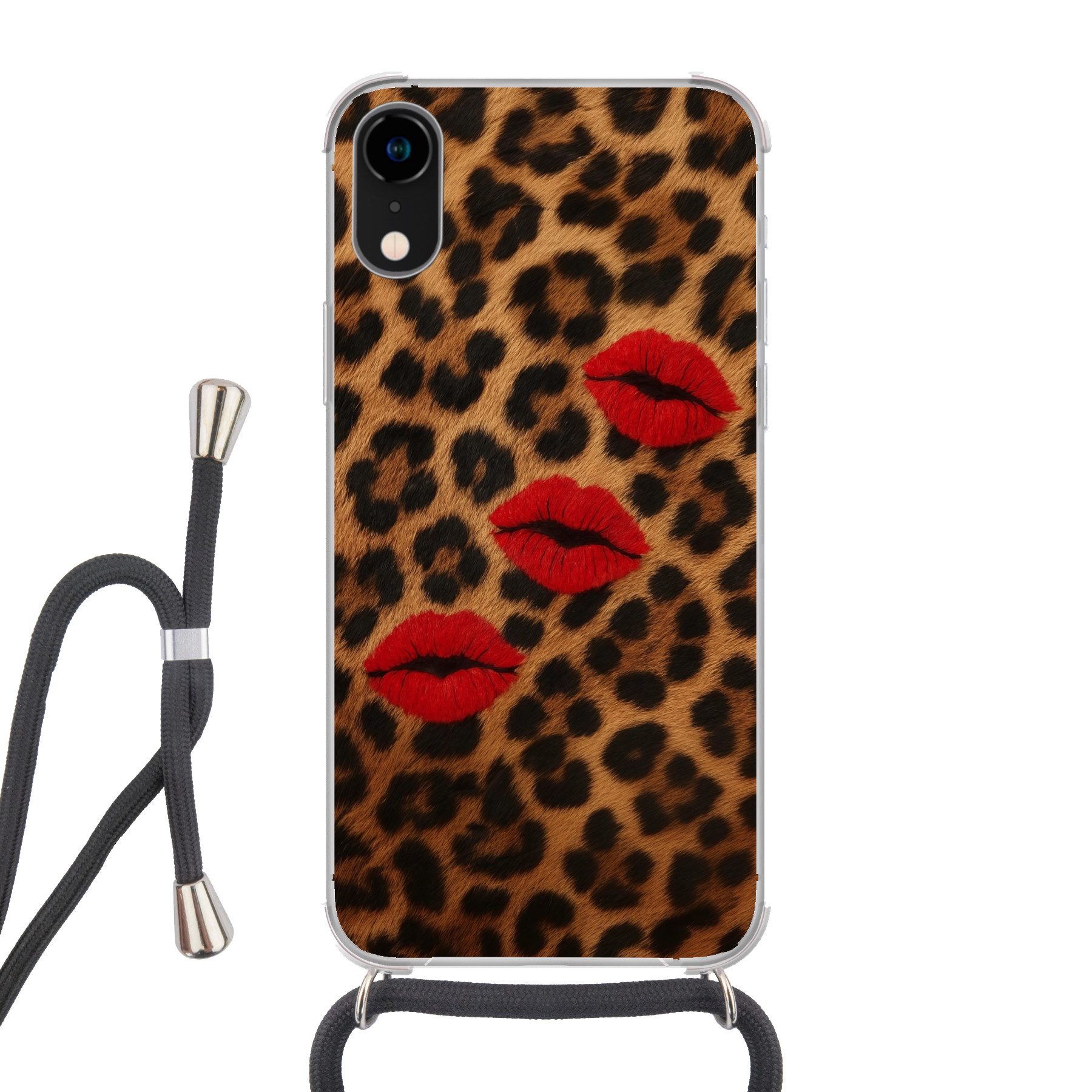 MuchoWow Handyhülle für Apple iPhone XR Lippen - Drei - Rot - Pantherdruck, Tragbare Handyhüllen mit Kette zum umhängen, Handykette Handyband