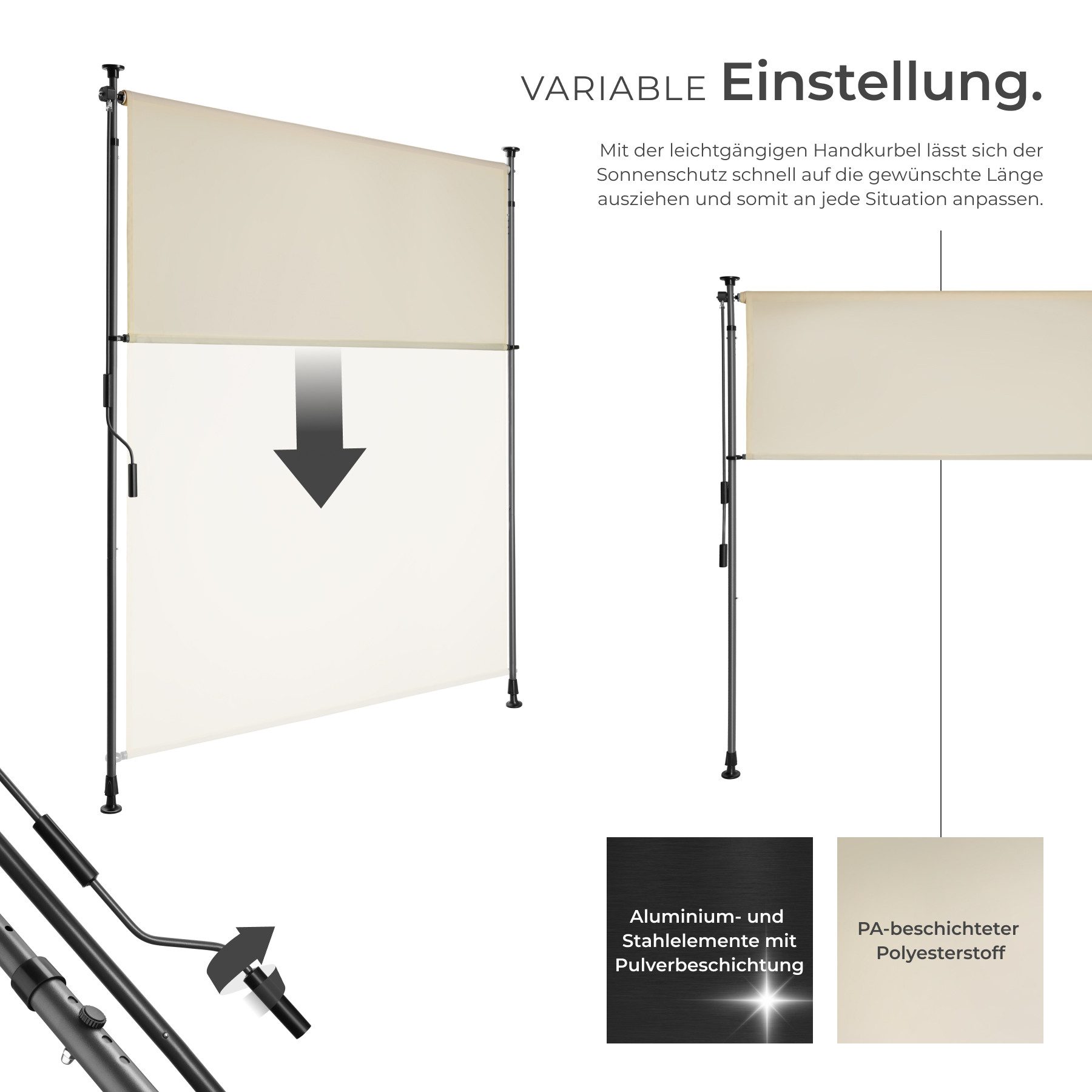 tectake Seitenarmmarkise Sichtschutz Garten, leichtgängige Handkurbel, höhenverstellbar (Klemmmarkise Taija, in beige) UV-beständig und wasserabweisend, rutschfest und bodenschonend