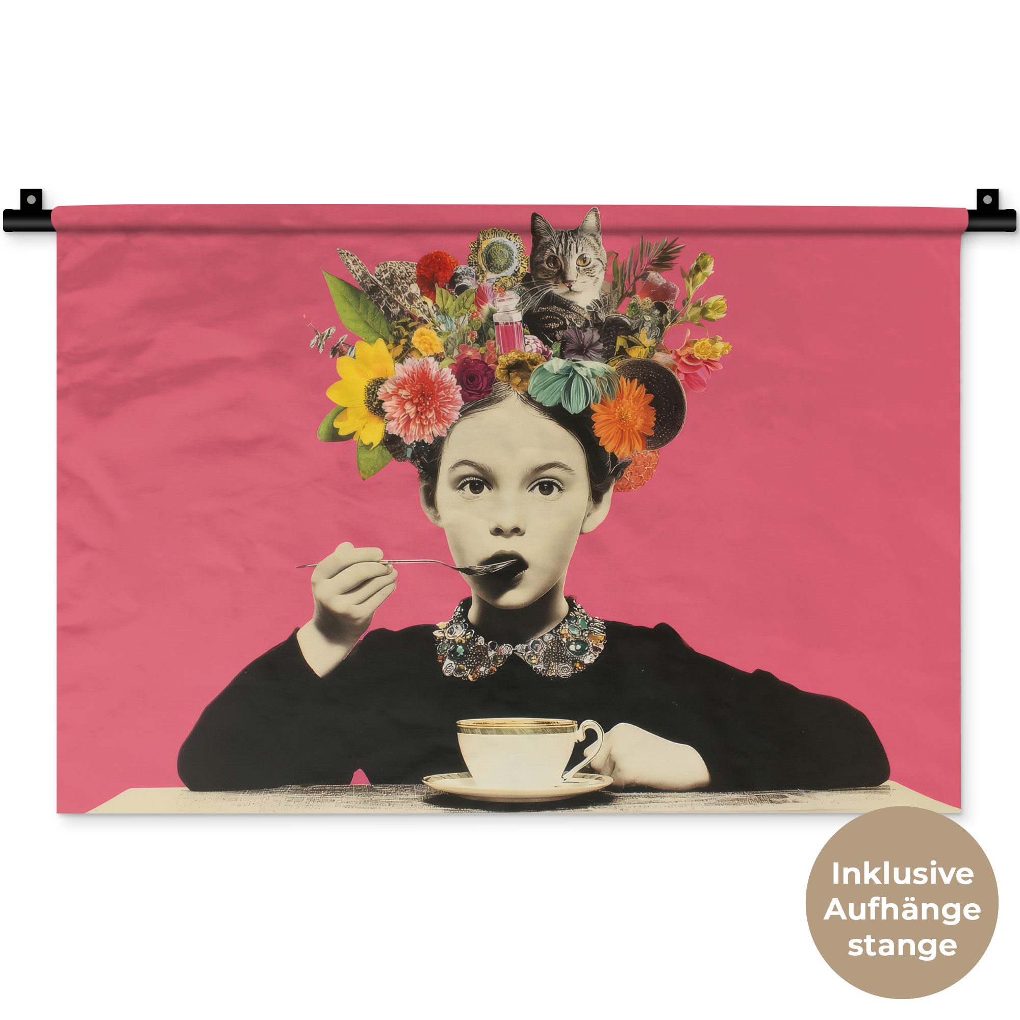 MuchoWow Wandteppich Mädchen - Tasse - Blumen - Rosa, Rechteckig, Höhe: 3 mm, Wandteppich für Wohnzimmer, Schlafzimmer, 60x40 cm