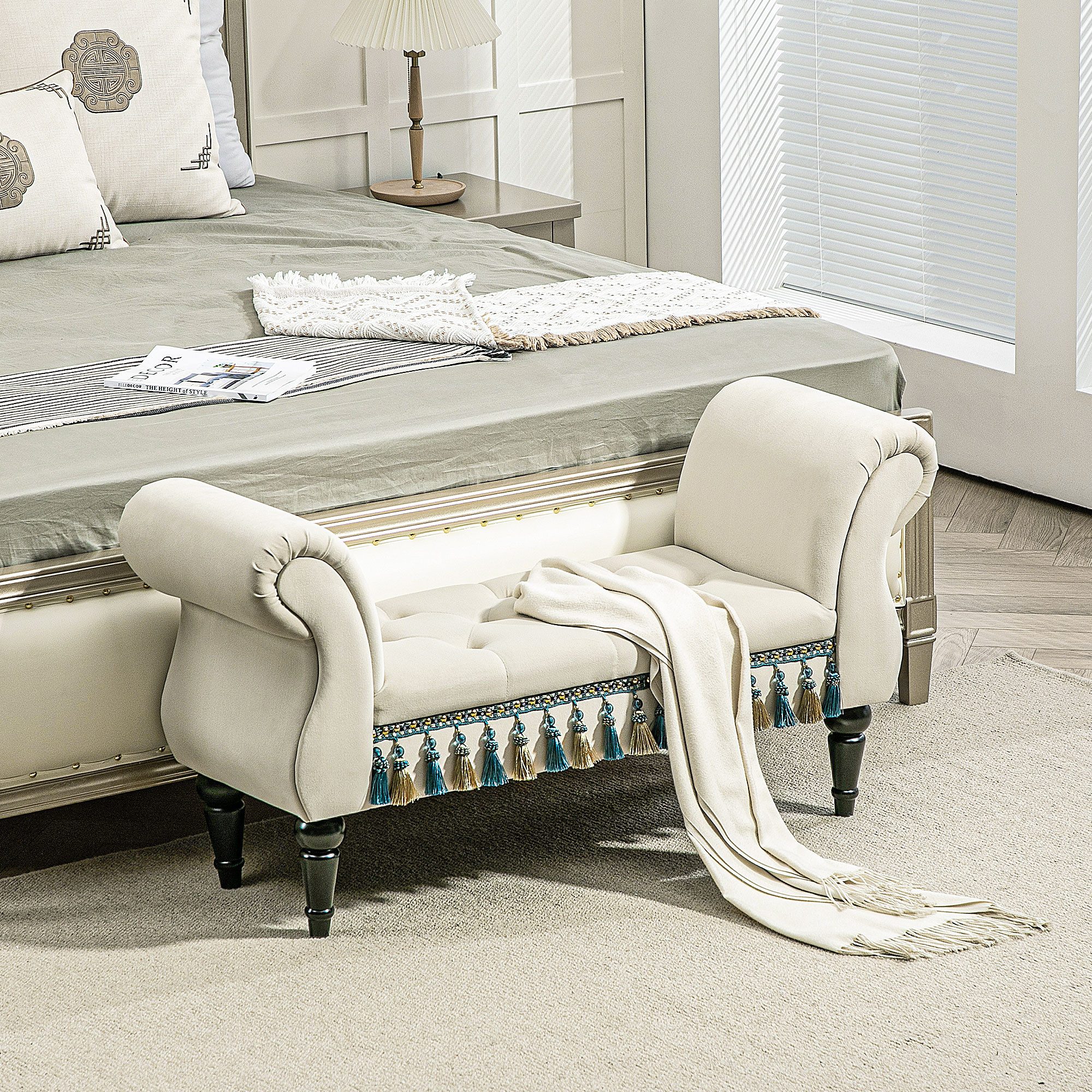 HOMCOM Polsterbank Sitzbank mit Samt-Bezug, Armlehne mit Holzrahmen, Schuhbank (Sitzbank, 1-St., Flurbank), für Schlafzimmer, Beige