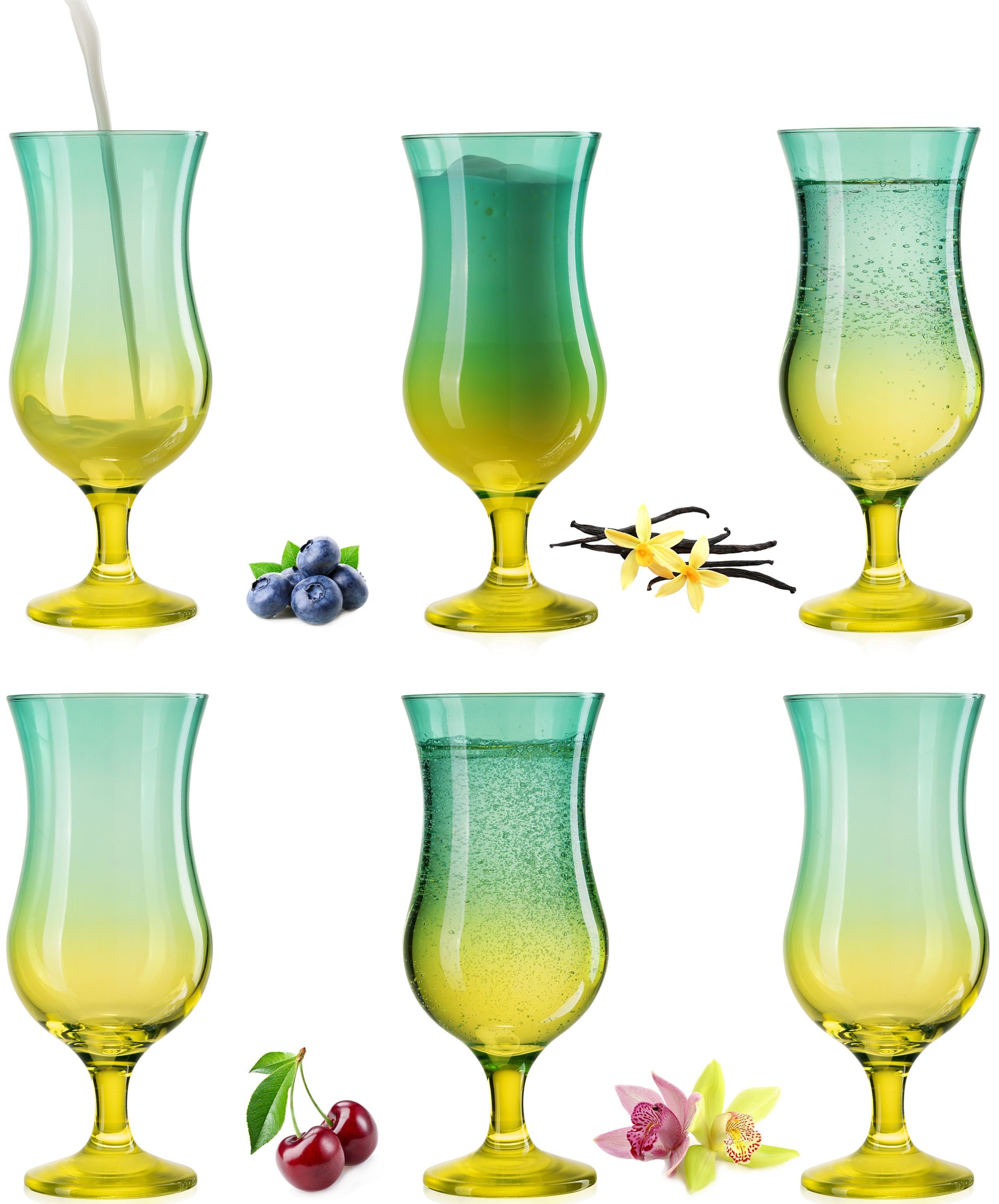 PLATINUX Cocktailglas Cocktailgläser Grün-Gelb, Glas, Bunt 400ml (max. 470ml) Longdrinkgläser Partygläser Milkshake Groß