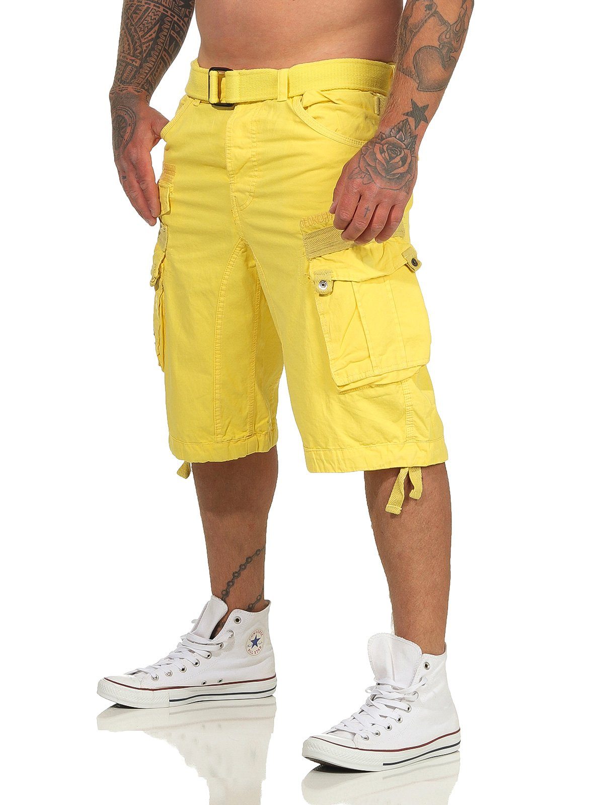 Geographical Norway yellow camouflage (mit Herren Hose, PANORAMIQUE Cargoshorts kurze abnehmbarem Shorts / unifarben Shorts, Gürtel)