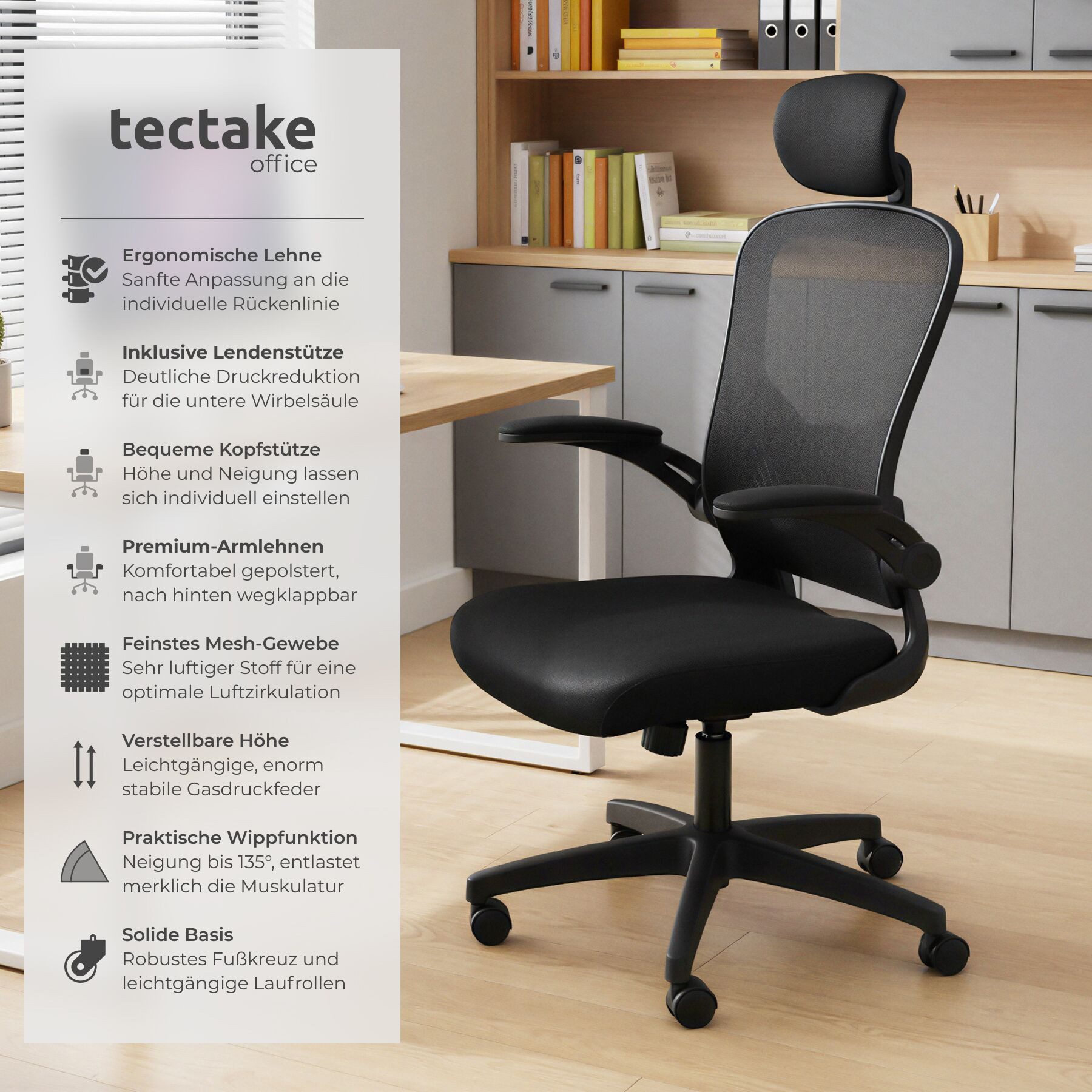 tectake Drehstuhl Ergonomischer Bürostuhl mit Kopfstütze und Lordosenstütze (Schreibtischstuhl Arges, 1 St), Netzbezug, klappbare Armlehnen, Wippfunktion, 150 k – Bild 2 von 5